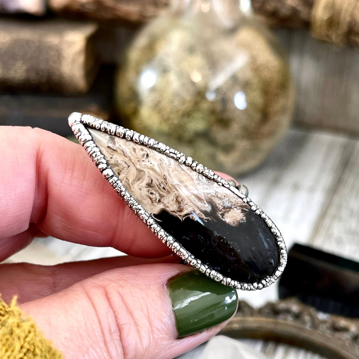 Unique Size 7 Large Fossilized Palm Root Statement Ring in Fine Silver / Foxlark Collection - One of a Kind - Foxlark Crystal Jewelry