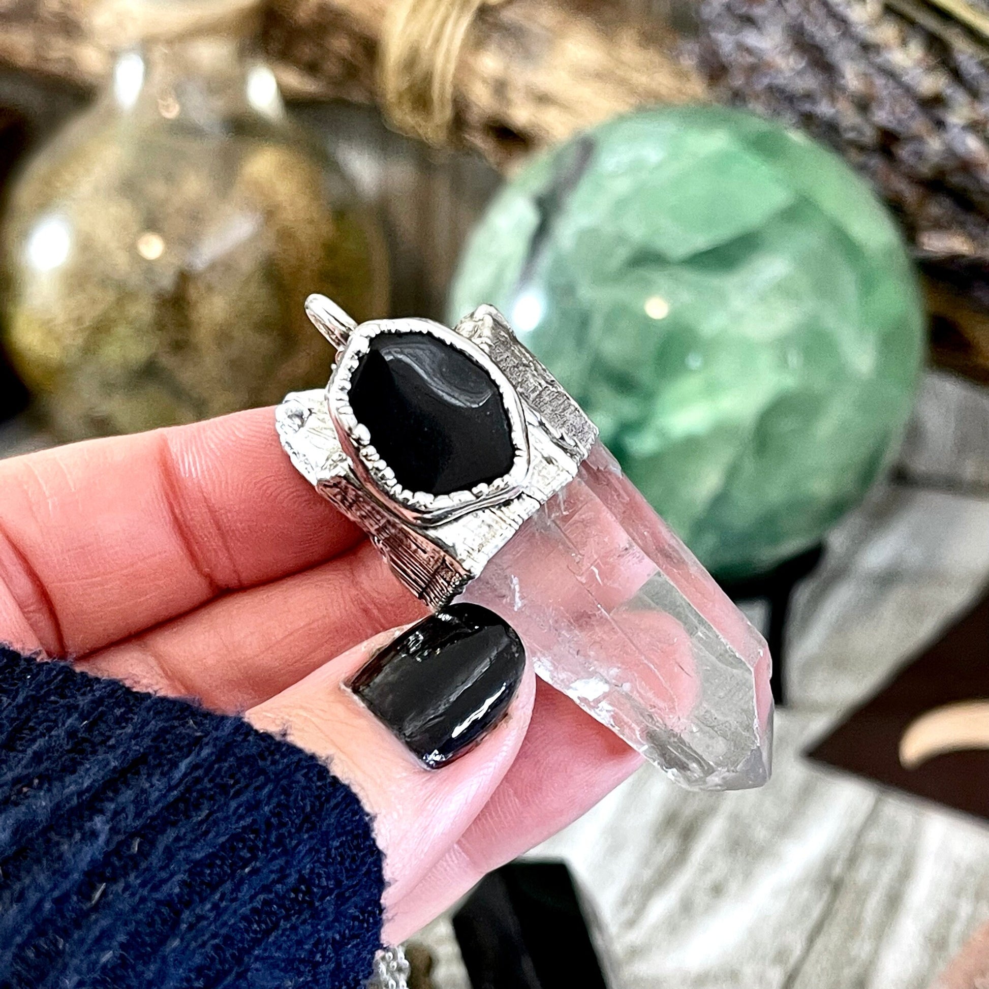 Raw Clear Quartz & Black Onyx Crystal Statement Necklace in Fine Silver / Foxlark Collection - One of a Kind - Foxlark Crystal Jewelry