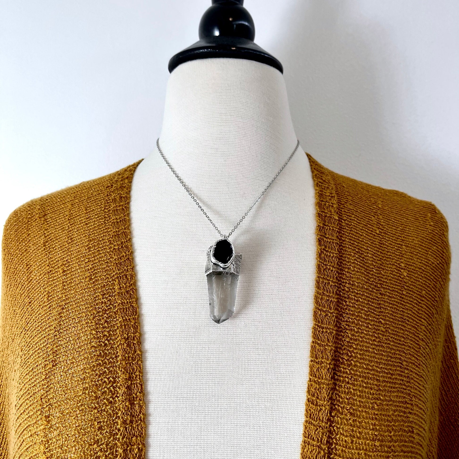 Raw Clear Quartz & Black Onyx Crystal Statement Necklace in Fine Silver / Foxlark Collection - One of a Kind - Foxlark Crystal Jewelry