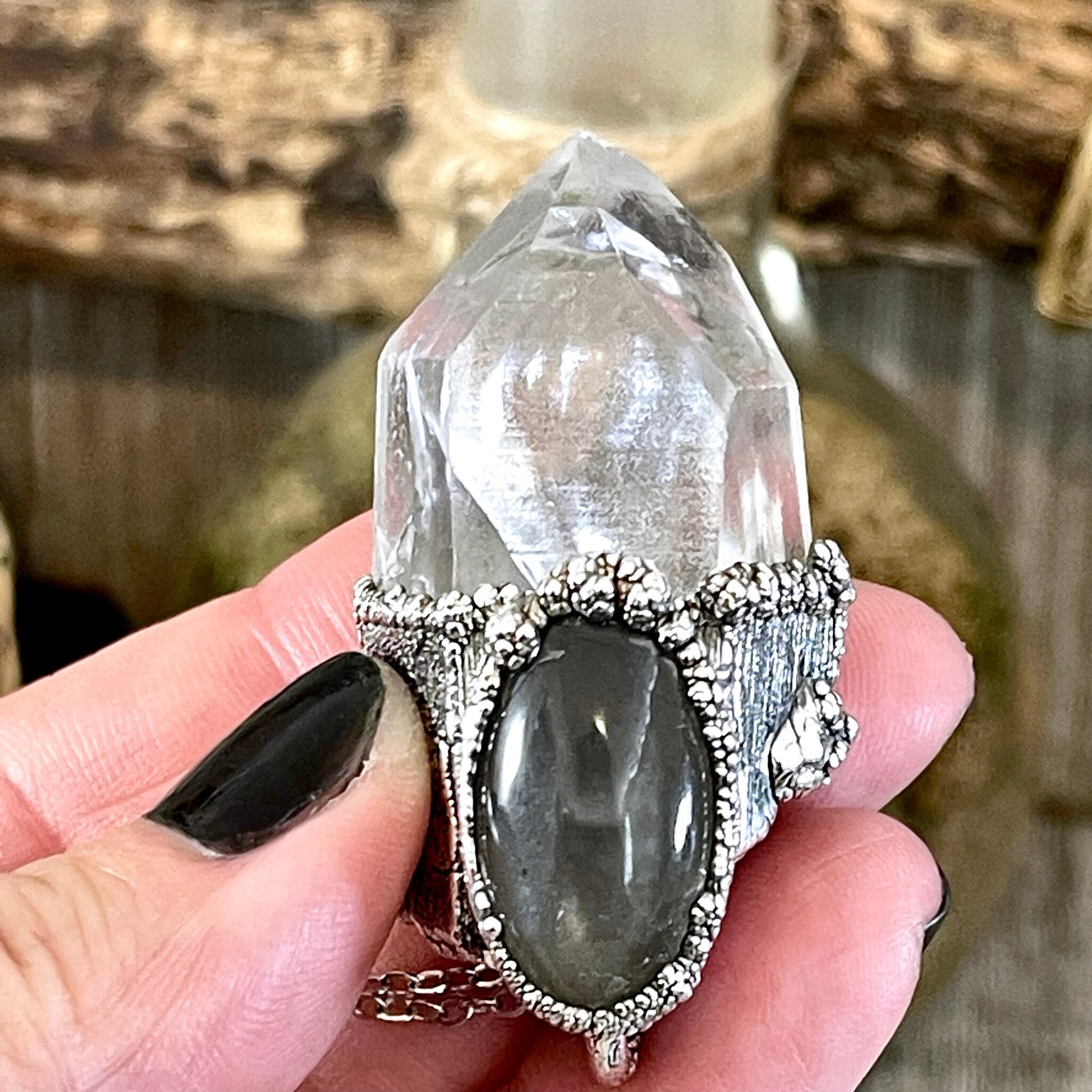 Clear Quartz & Grey Moonstone Crystal Statement Necklace in Fine Silver / Foxlark Collection - One of a Kind - Foxlark Crystal Jewelry