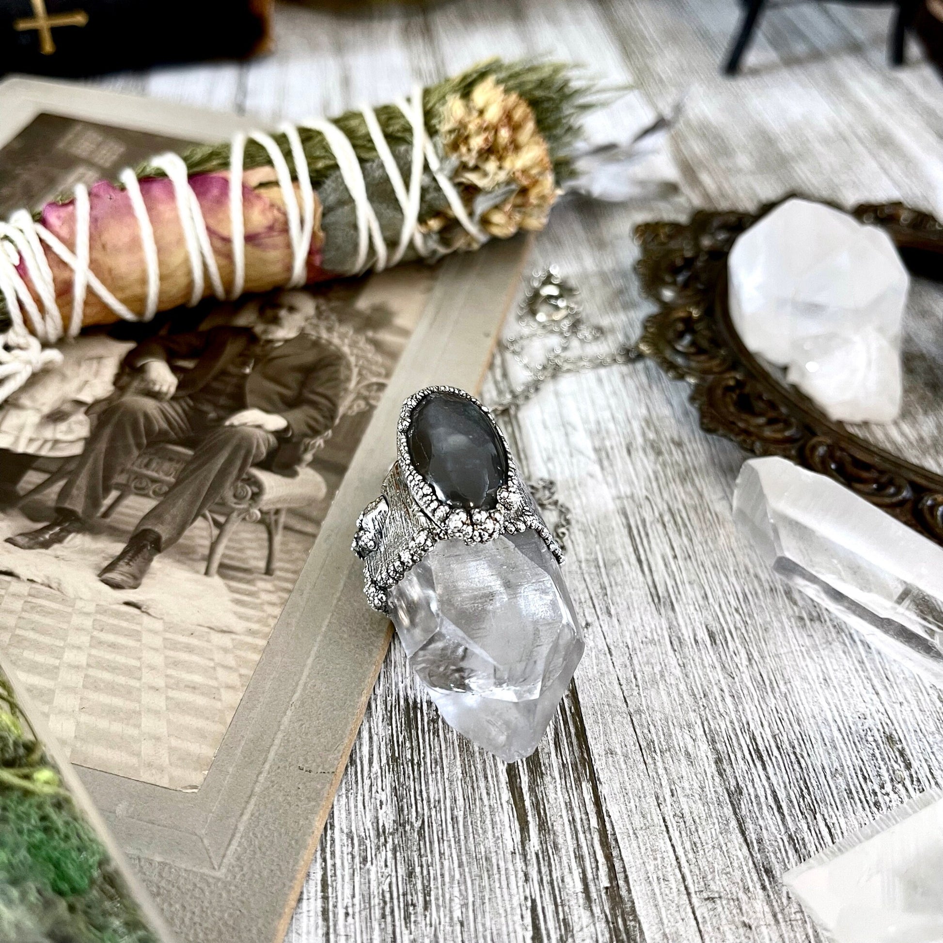 Clear Quartz & Grey Moonstone Crystal Statement Necklace in Fine Silver / Foxlark Collection - One of a Kind - Foxlark Crystal Jewelry