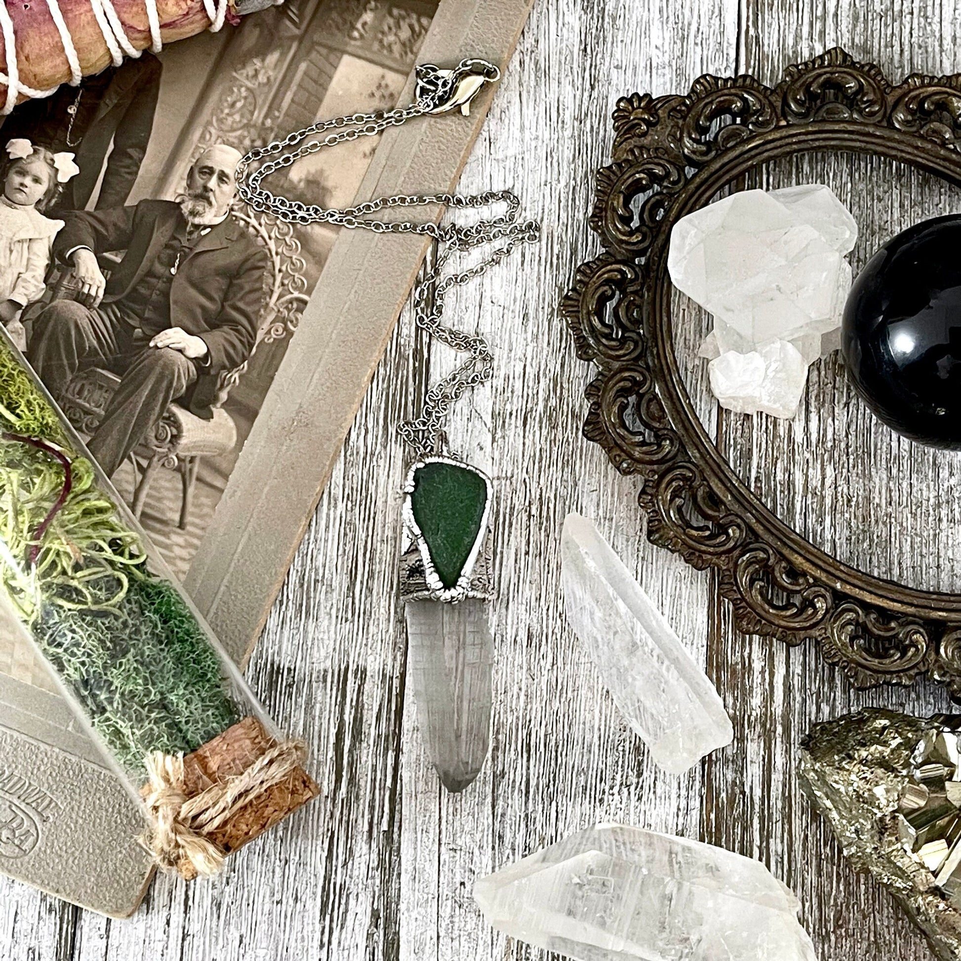 Raw Clear Quartz & Green Sea Glass Crystal Statement Necklace in Fine Silver / Foxlark Collection - One of a Kind - Foxlark Crystal Jewelry
