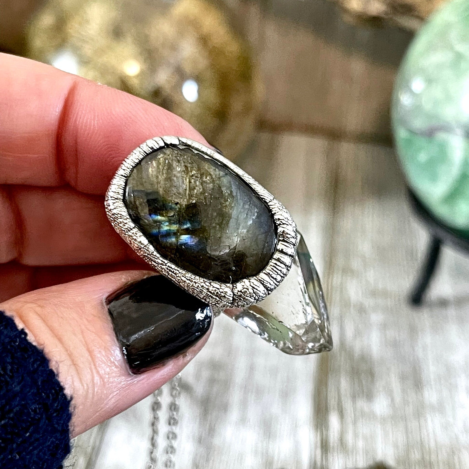 Clear Quartz & Green Labradorite Crystal Statement Necklace in Fine Silver / Foxlark Collection - One of a Kind - Foxlark Crystal Jewelry