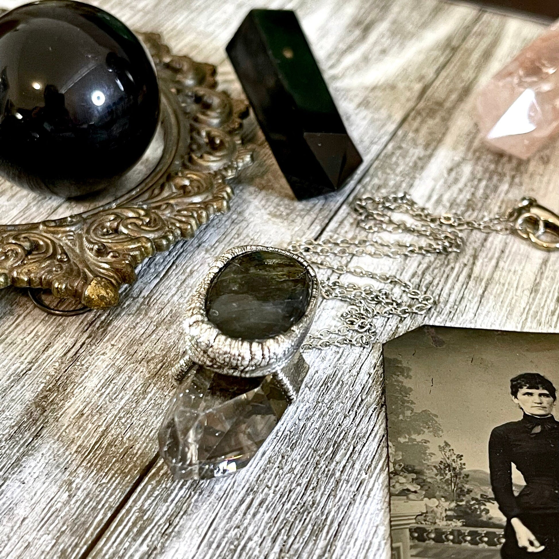 Clear Quartz & Green Labradorite Crystal Statement Necklace in Fine Silver / Foxlark Collection - One of a Kind - Foxlark Crystal Jewelry