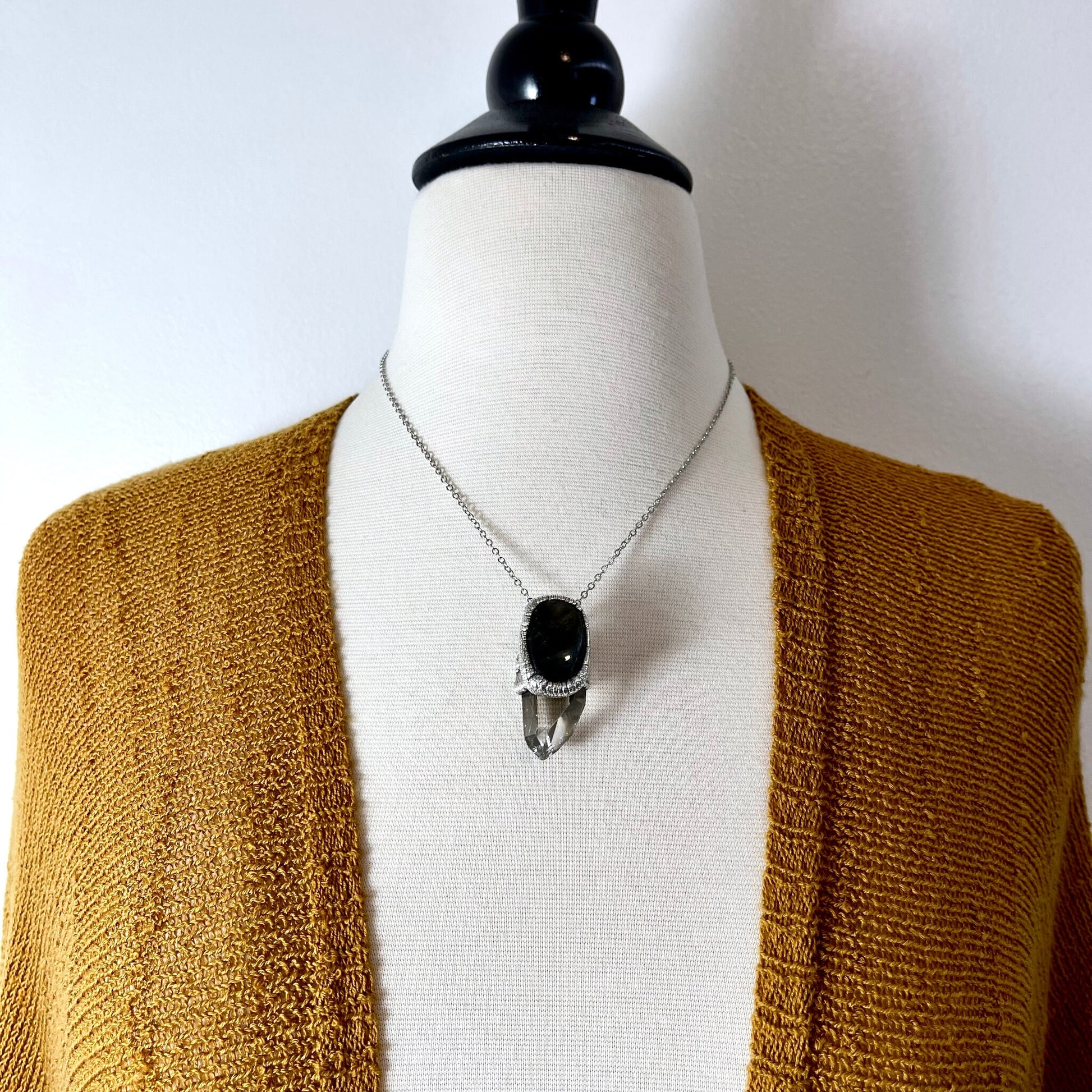 Clear Quartz & Green Labradorite Crystal Statement Necklace in Fine Silver / Foxlark Collection - One of a Kind - Foxlark Crystal Jewelry