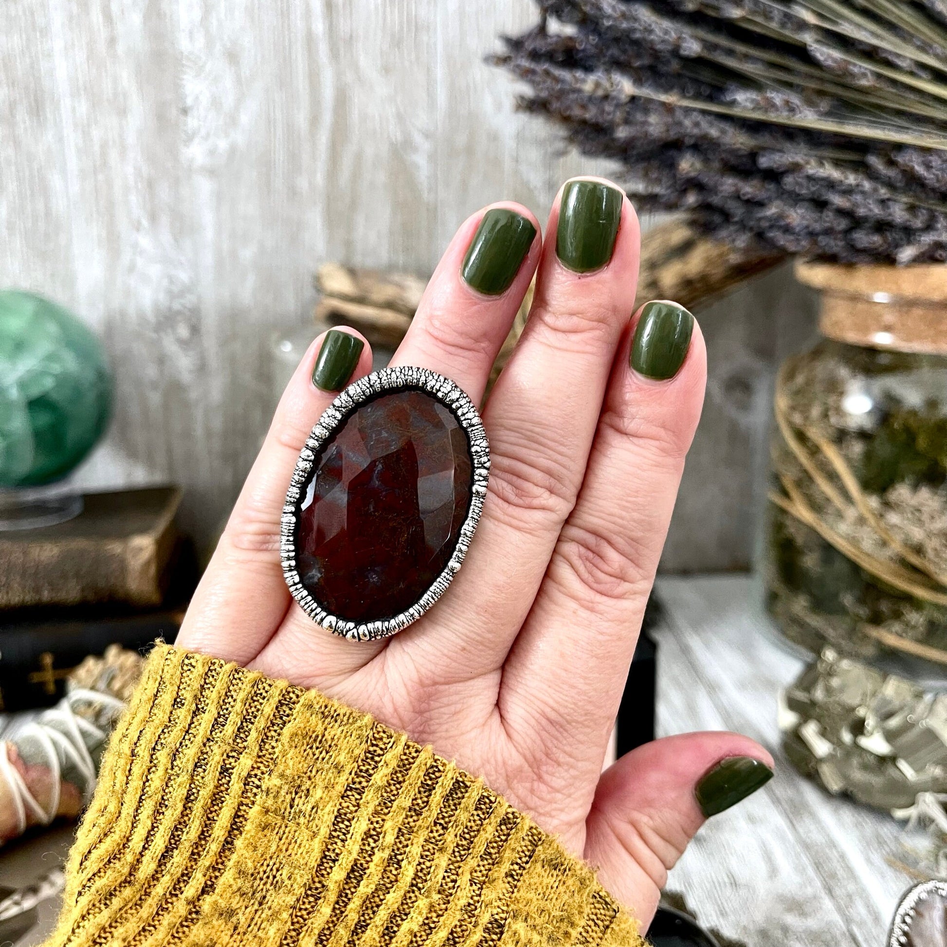 Size 7 Silver Natural Fancy Moss Agate Crystal Statement Ring / Foxlark Collection - One of a Kind - Foxlark Crystal Jewelry