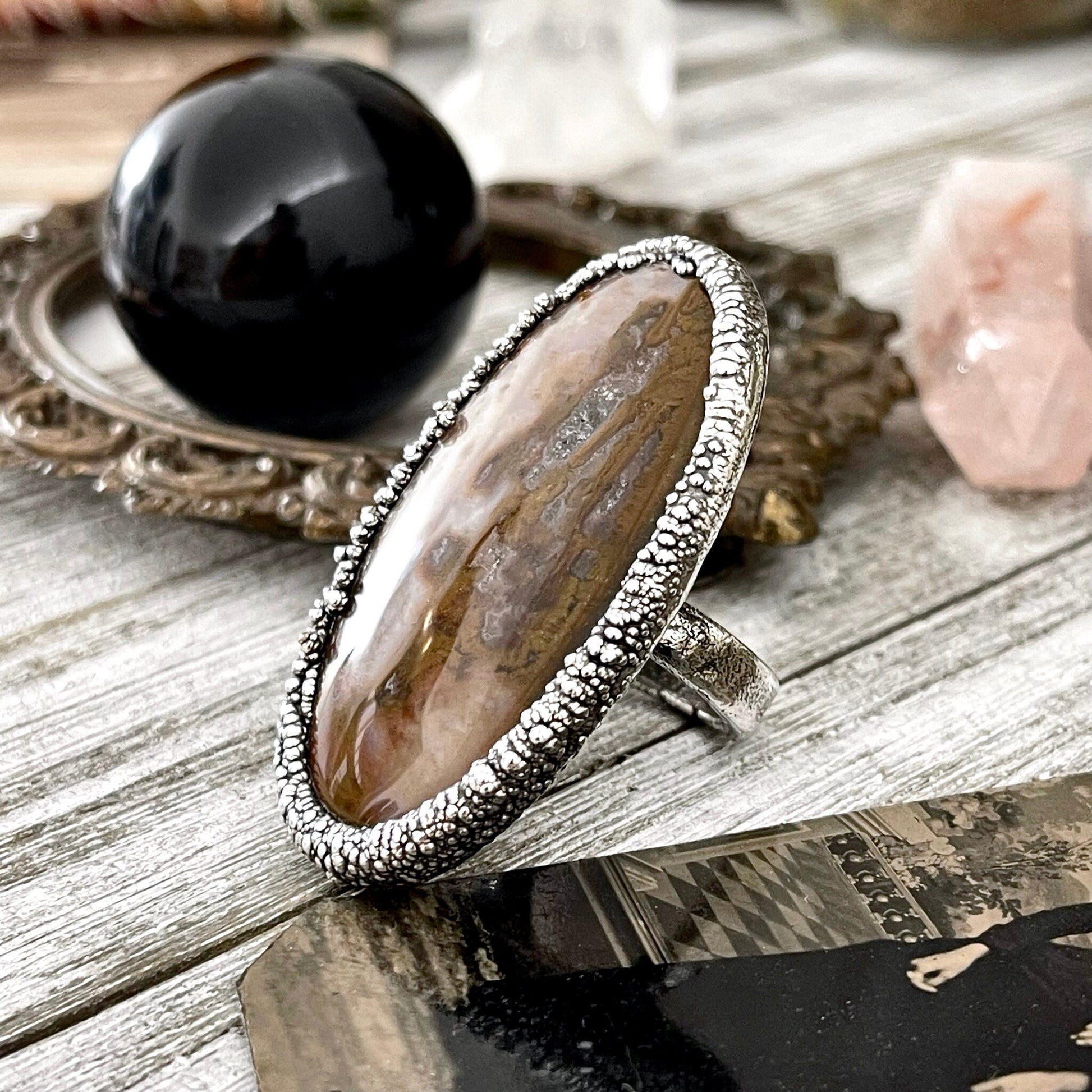 Size 9 Silver Natural Fancy Moss Agate Crystal Statement Ring / Foxlark Collection - One of a Kind - Foxlark Crystal Jewelry