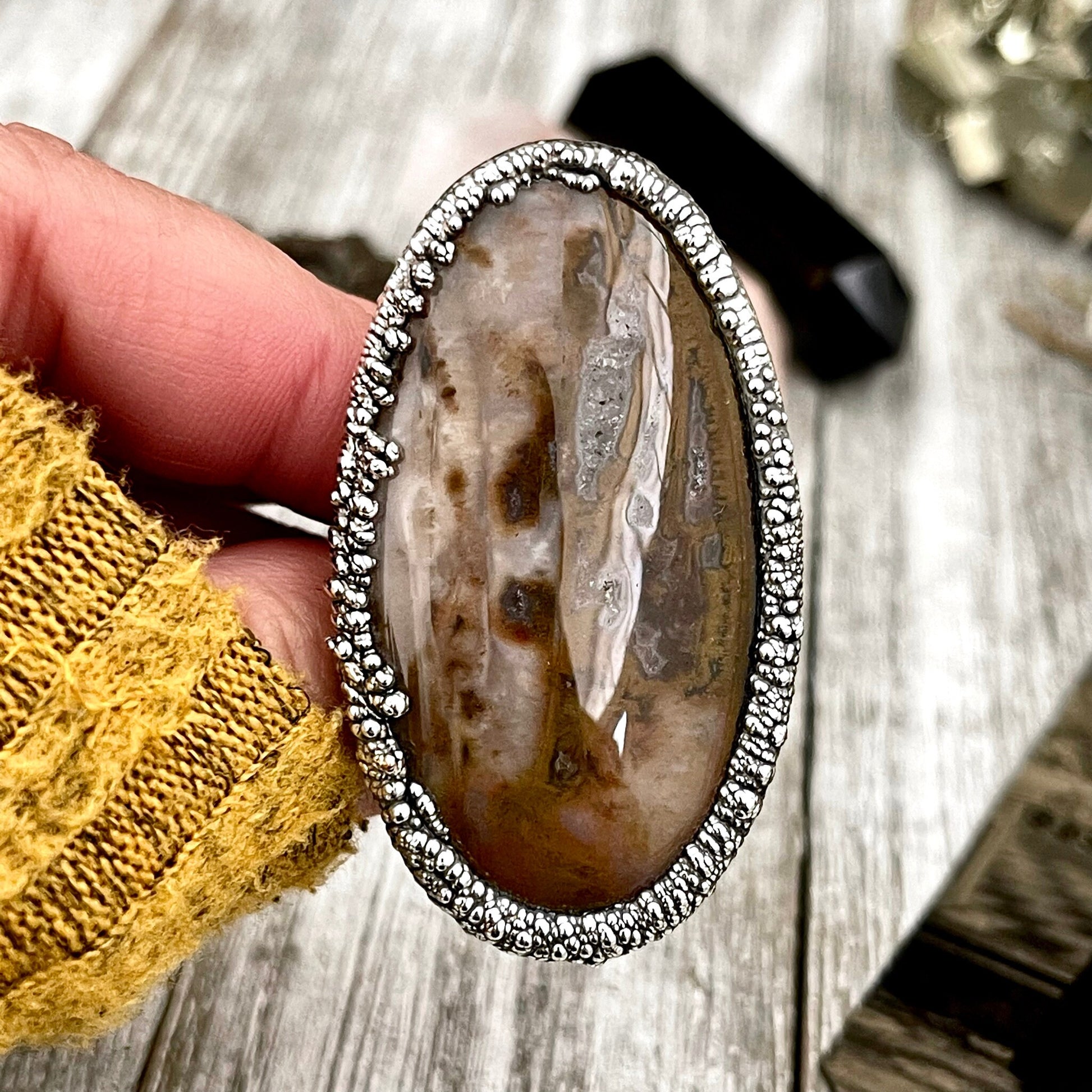 Size 9 Silver Natural Fancy Moss Agate Crystal Statement Ring / Foxlark Collection - One of a Kind - Foxlark Crystal Jewelry