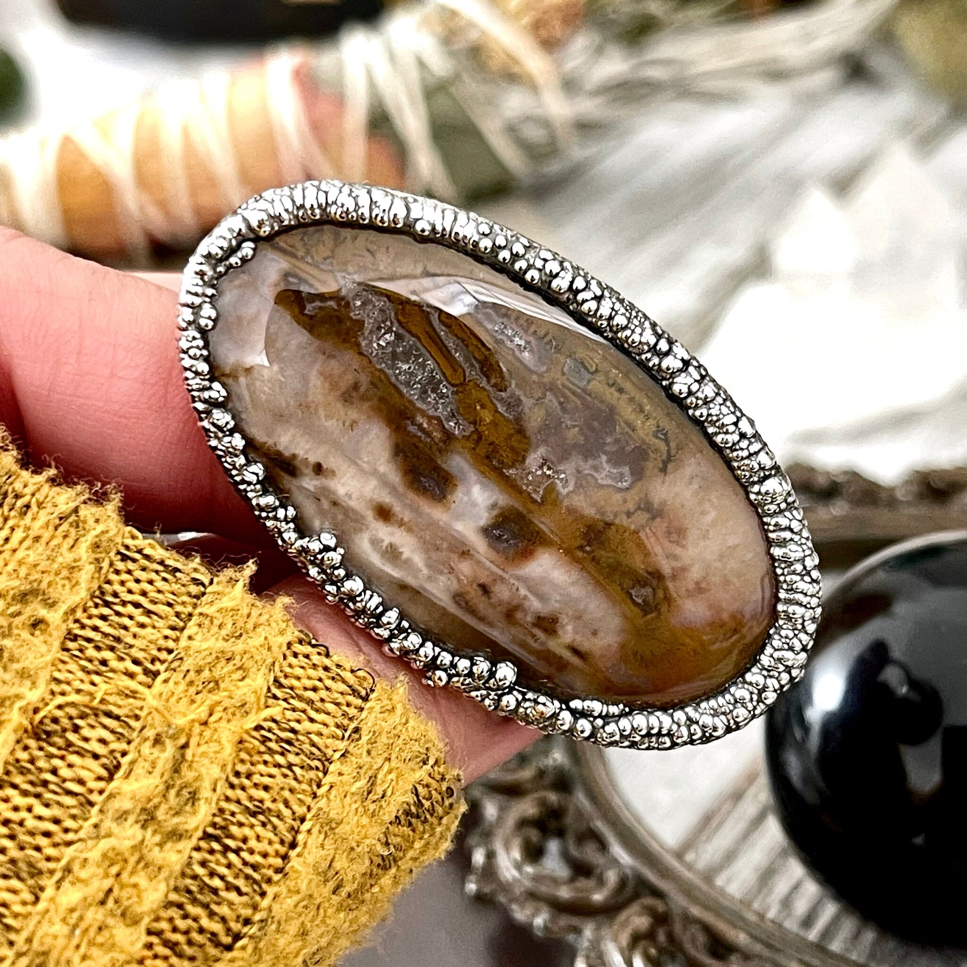 Size 9 Silver Natural Fancy Moss Agate Crystal Statement Ring / Foxlark Collection - One of a Kind - Foxlark Crystal Jewelry