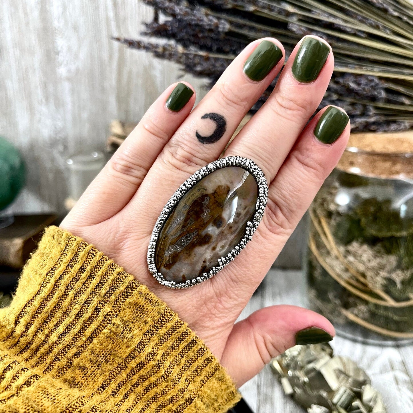 Size 9 Silver Natural Fancy Moss Agate Crystal Statement Ring / Foxlark Collection - One of a Kind - Foxlark Crystal Jewelry