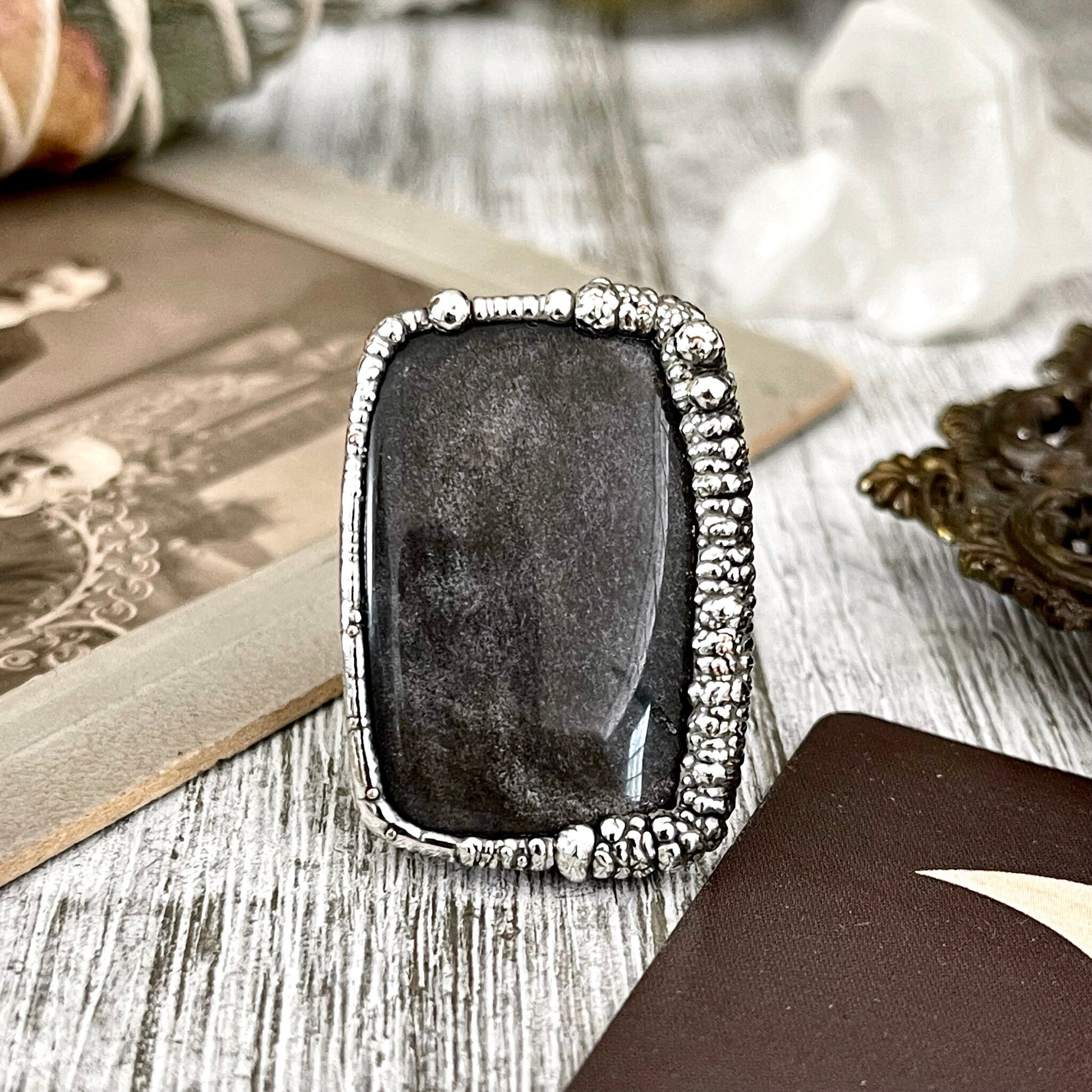 Size 8 Silver Sheen Obsidian Statement Ring in fine Silver / Foxlark Collection - One of a Kind - Foxlark Crystal Jewelry