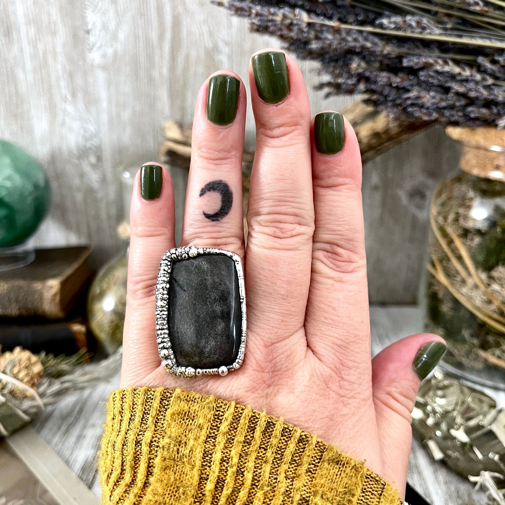 Size 8 Silver Sheen Obsidian Statement Ring in fine Silver / Foxlark Collection - One of a Kind - Foxlark Crystal Jewelry