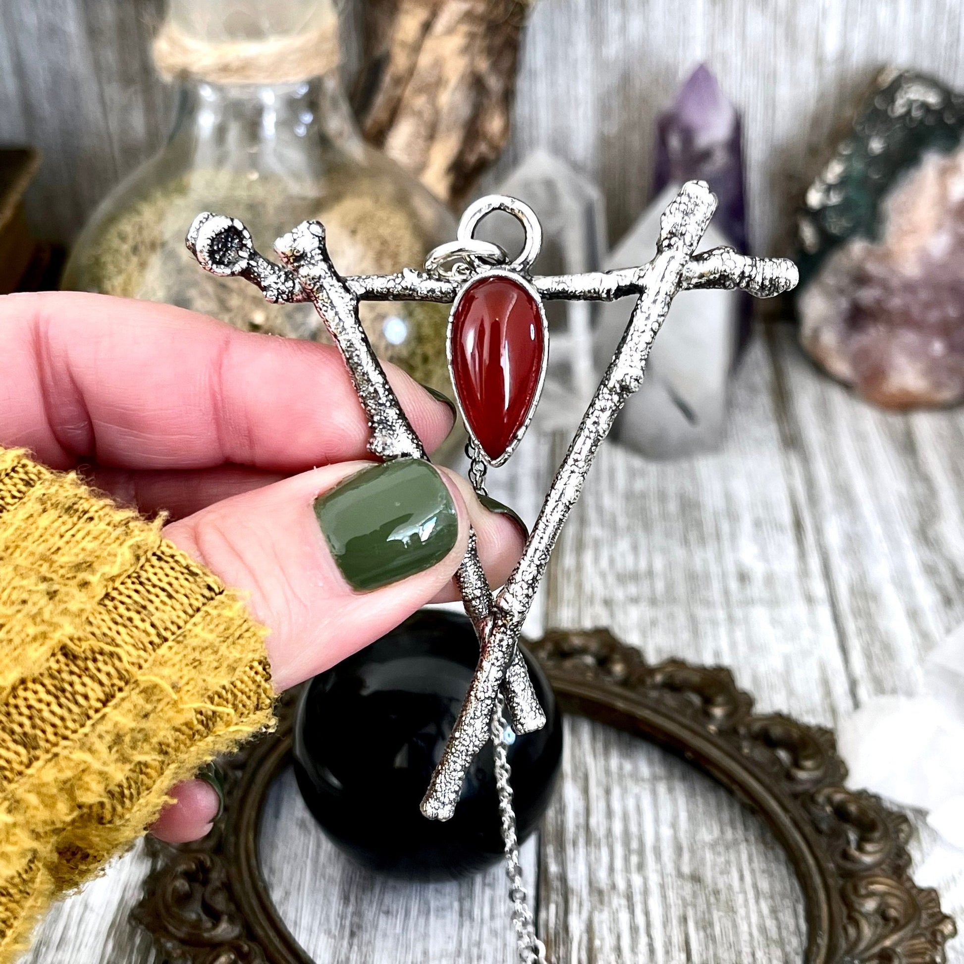 Sticks & Stones Crystal Necklace Pendant Carnelian Necklace / Big Crystal Necklace Silver - Foxlark Crystal Jewelry