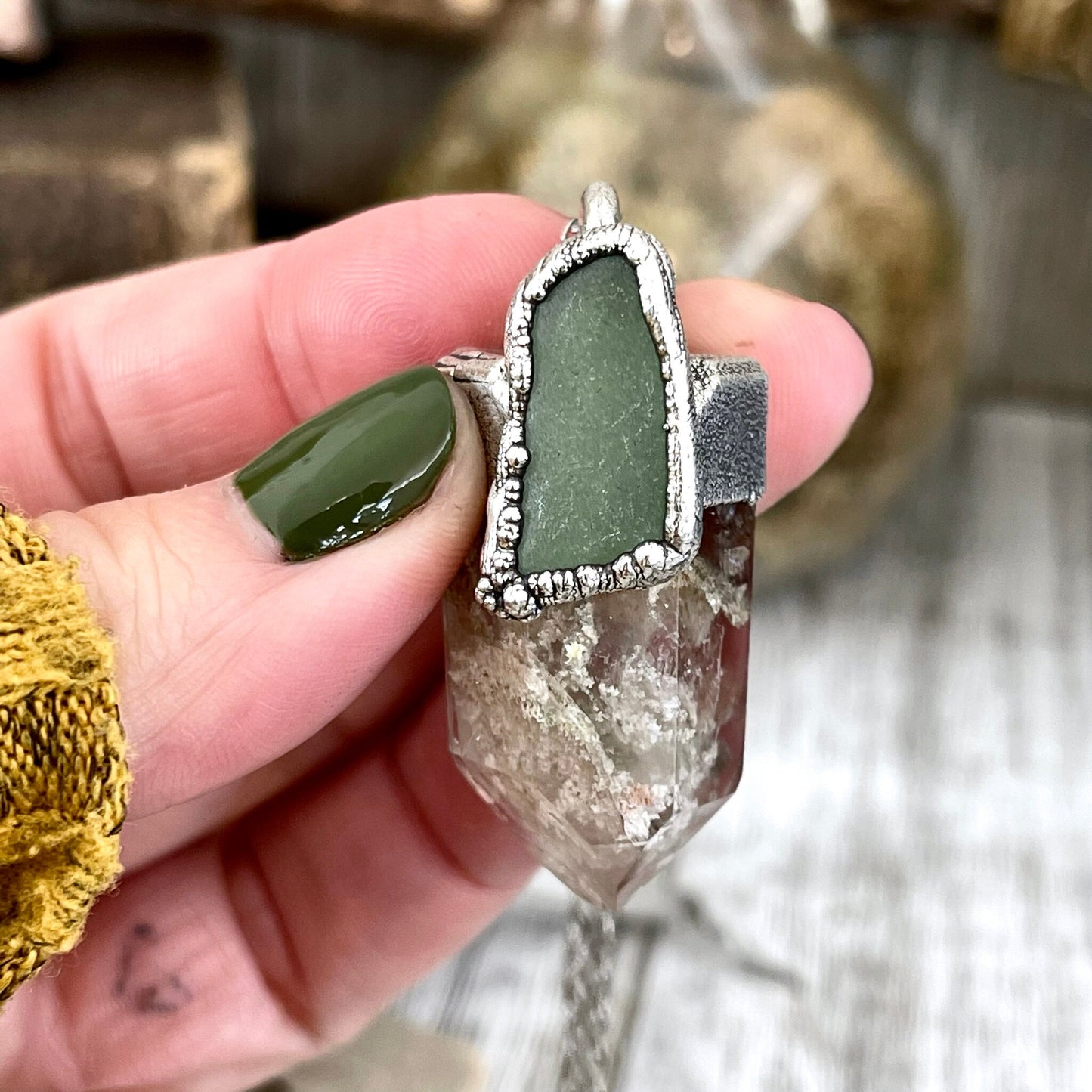 Garden Quartz & Green Sea Glass Crystal Statement Necklace in Fine Silver / Foxlark Collection - One of a Kind - Foxlark Crystal Jewelry