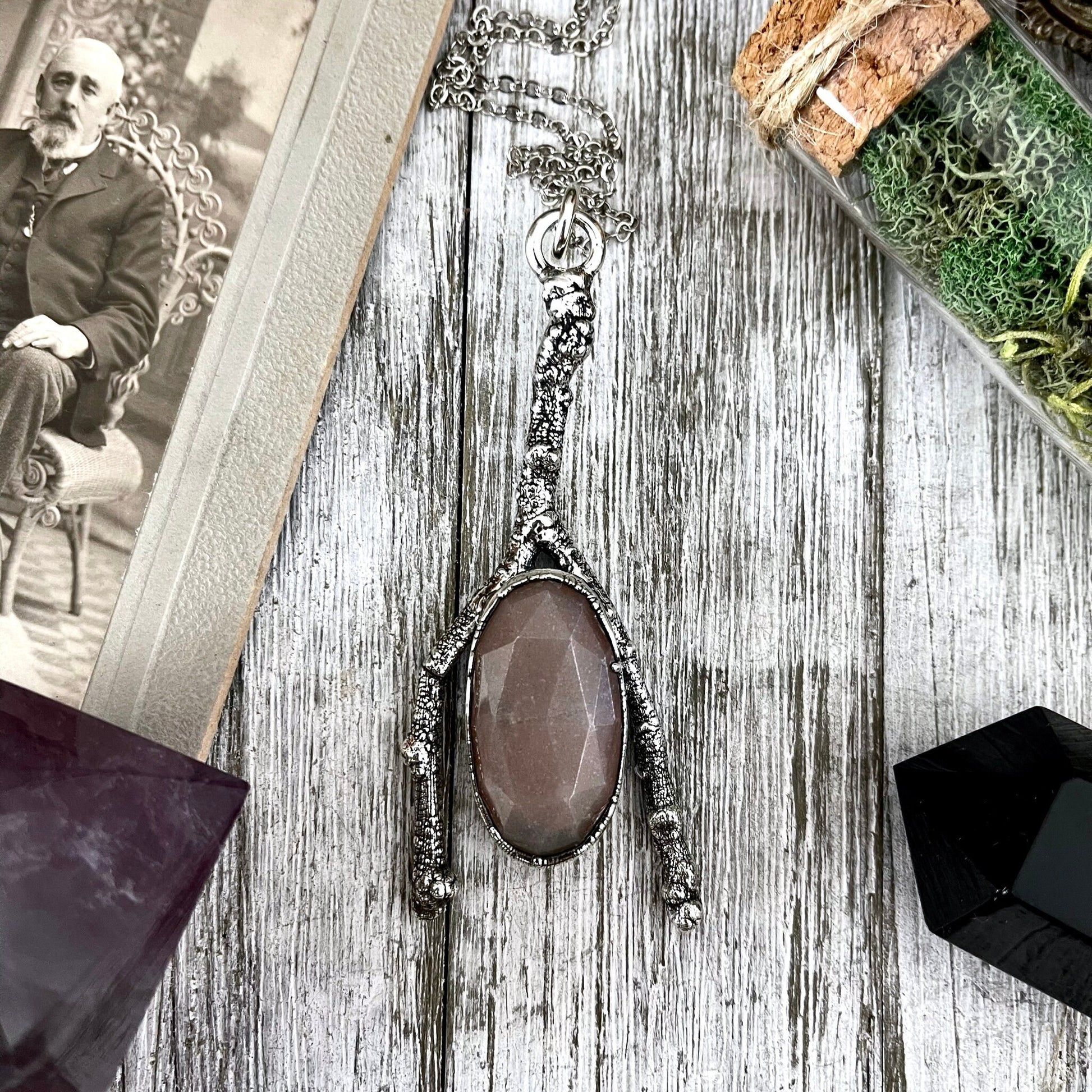 Sticks & Stones Collection Peach Moonstone Necklace / Big Silver Crystal Necklace - Foxlark Crystal Jewelry