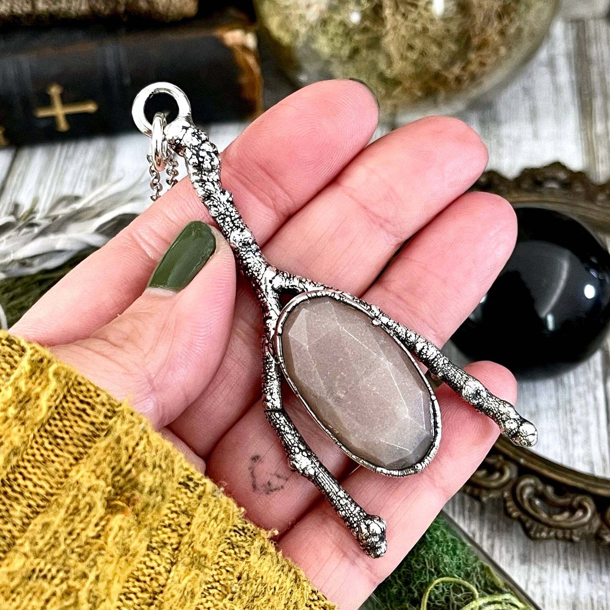 Sticks & Stones Collection Peach Moonstone Necklace / Big Silver Crystal Necklace - Foxlark Crystal Jewelry