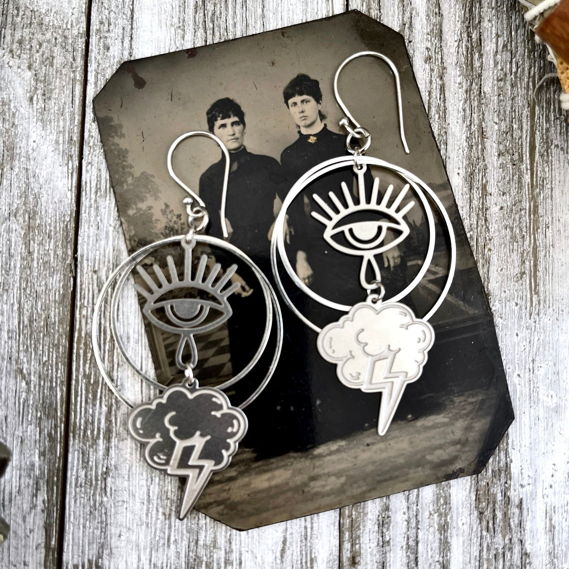 Thundercloud & Eye Hoop Stainless Steel Earrings/ Evil Eye Hoop Earrings - Long Dangly Gothic Earrings - Foxlark Crystal Jewelry