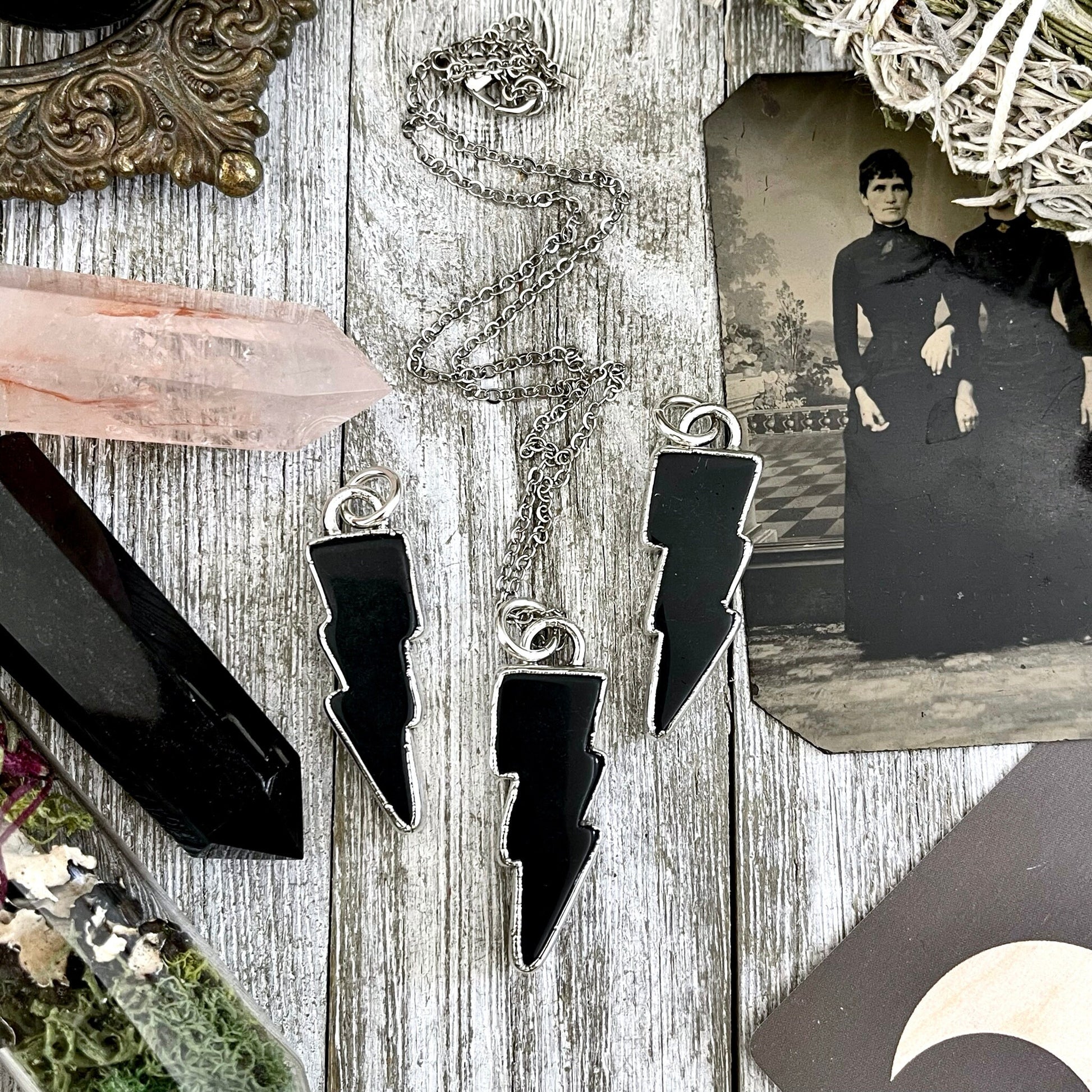Crystal Lightning Bolt Black Onyx Necklace / Gothic Jewelry - Foxlark Crystal Jewelry