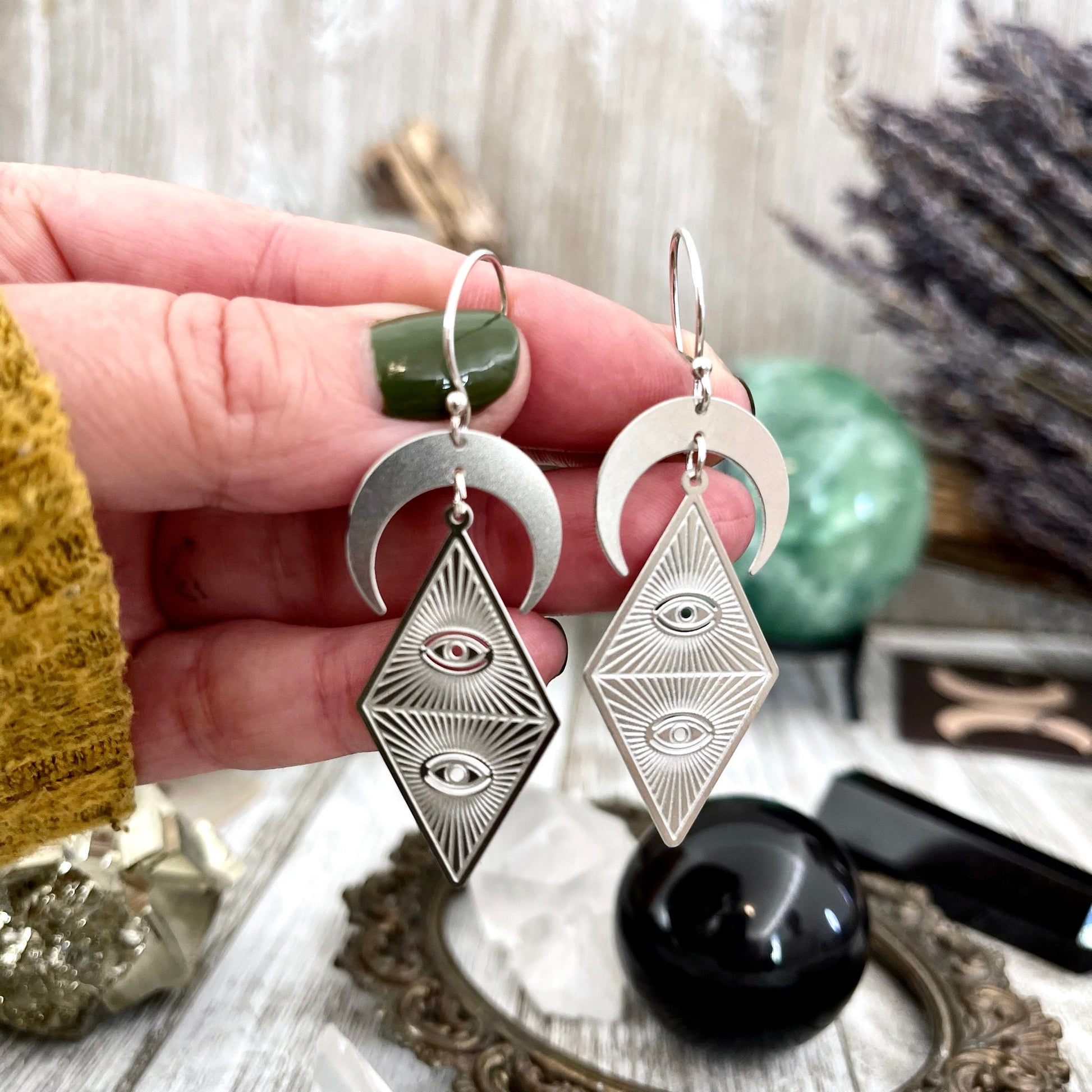 Moon and Triangle Eye Earrings in Hypoallergenic Stainless Steel / Witchy Geometric Eye Earrings - Foxlark Crystal Jewelry