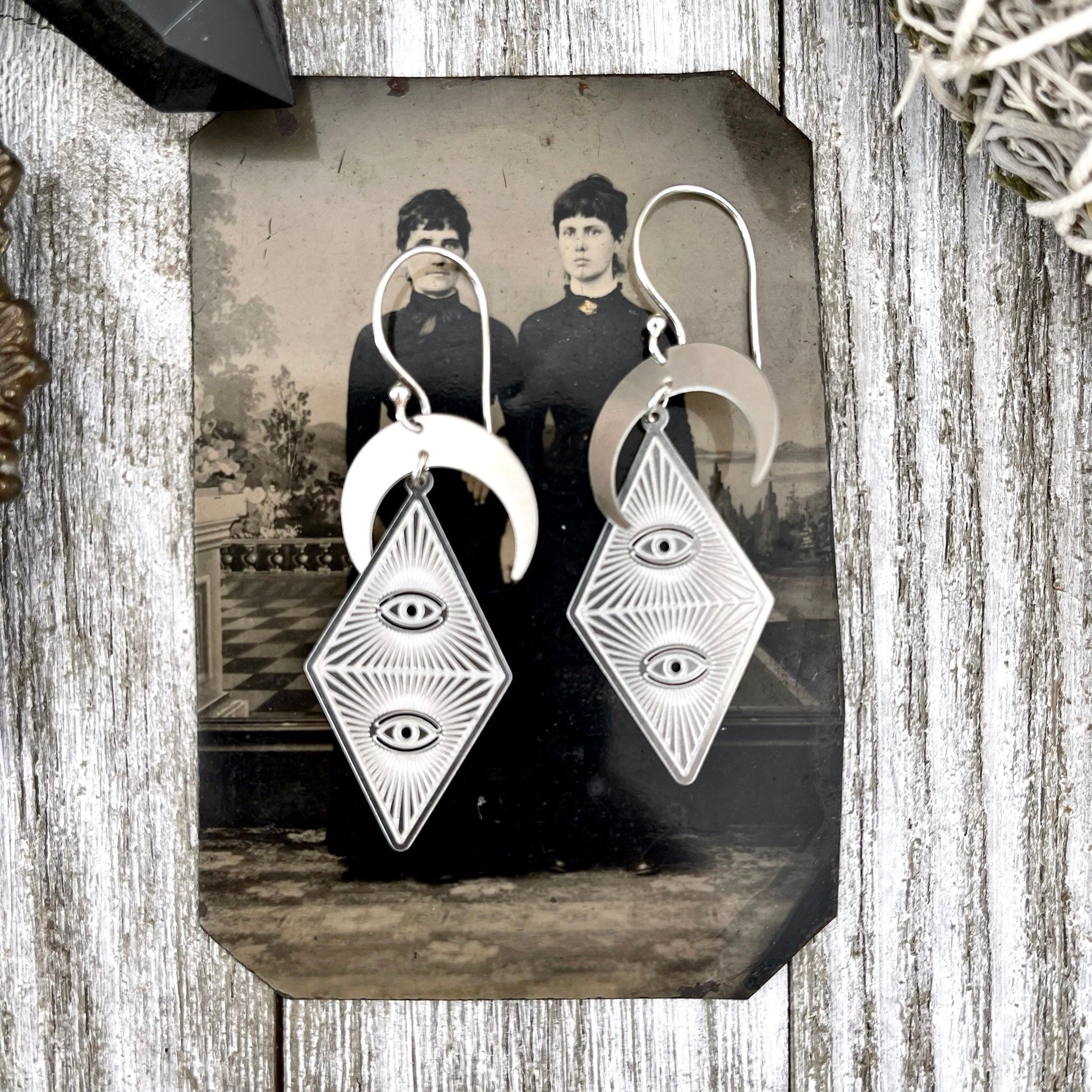 Moon and Triangle Eye Earrings in Hypoallergenic Stainless Steel / Witchy Geometric Eye Earrings - Foxlark Crystal Jewelry