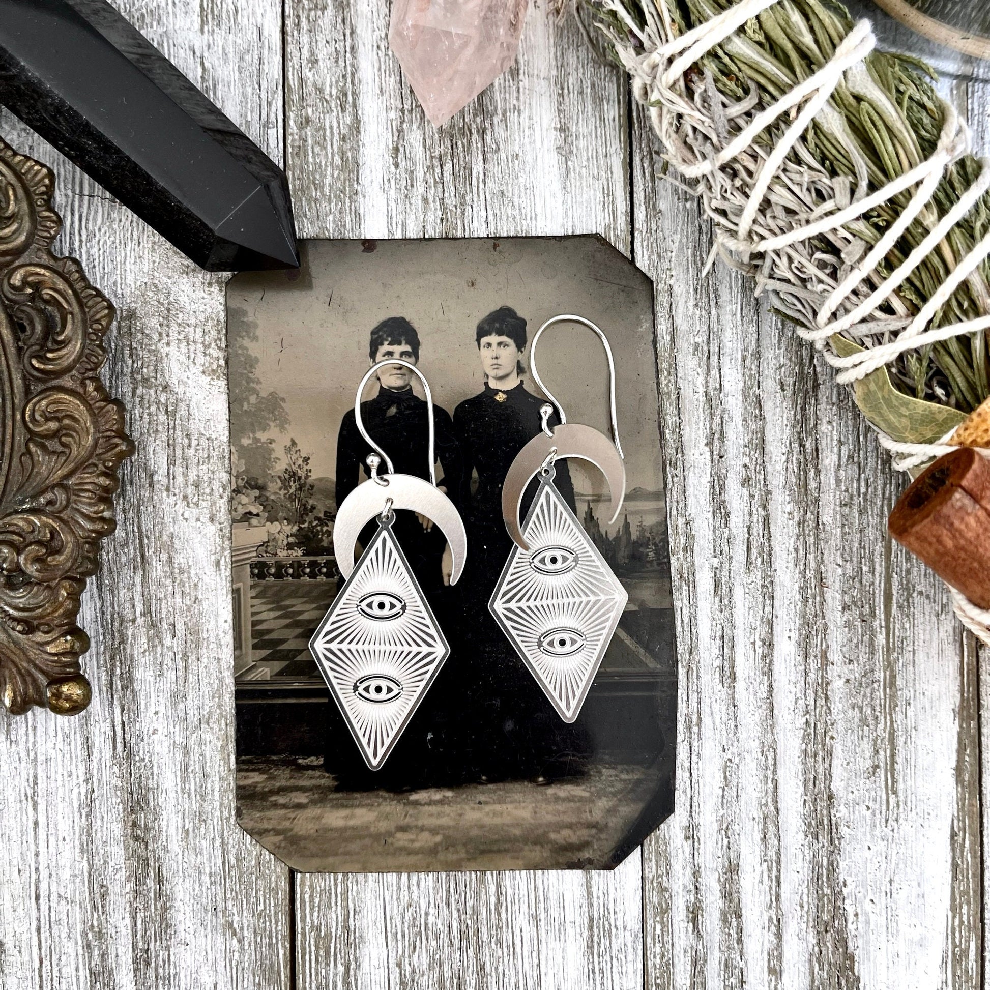 Moon and Triangle Eye Earrings in Hypoallergenic Stainless Steel / Witchy Geometric Eye Earrings - Foxlark Crystal Jewelry