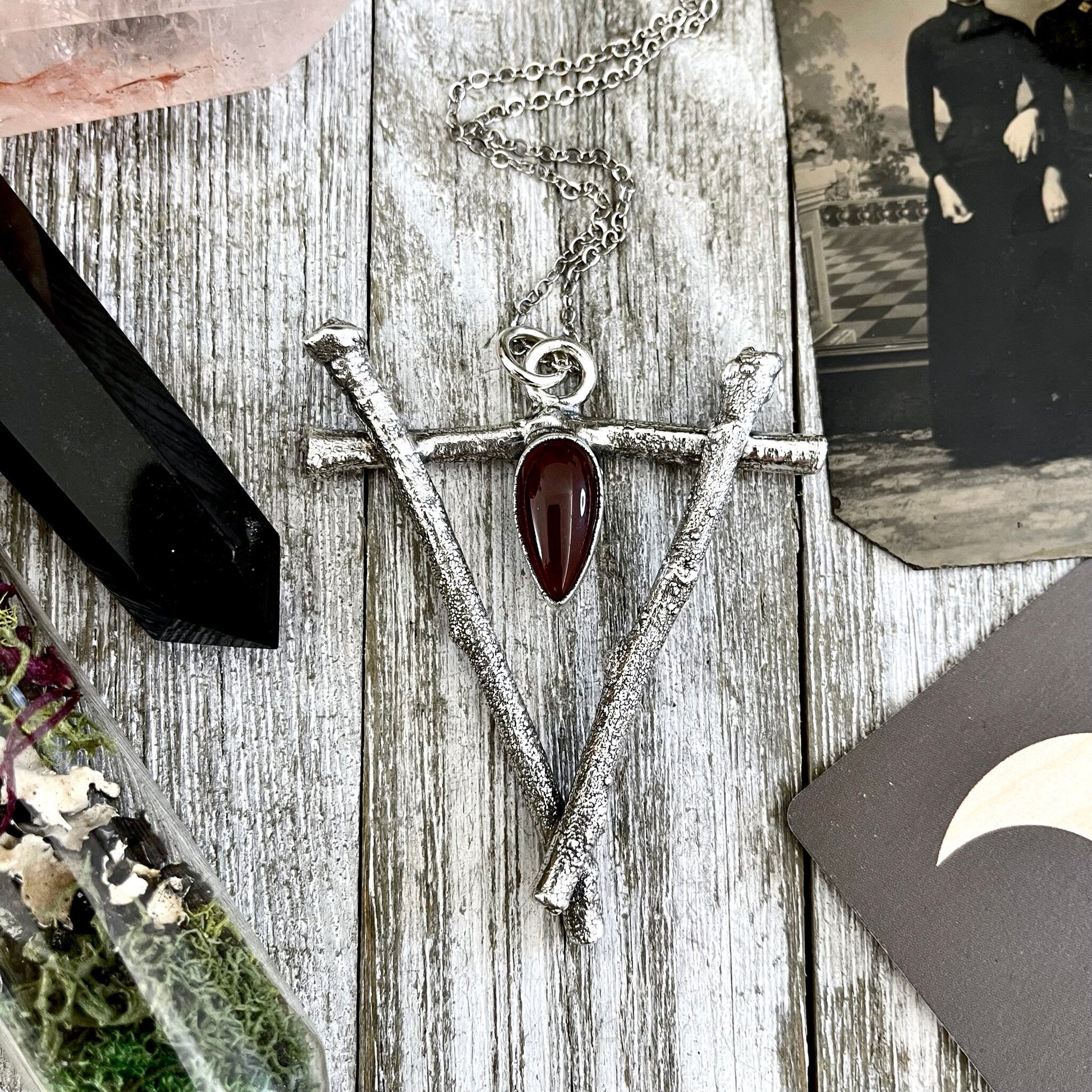 Sticks & Stones Crystal Necklace Pendant Carnelian Necklace / Big Crystal Necklace Silver - Foxlark Crystal Jewelry