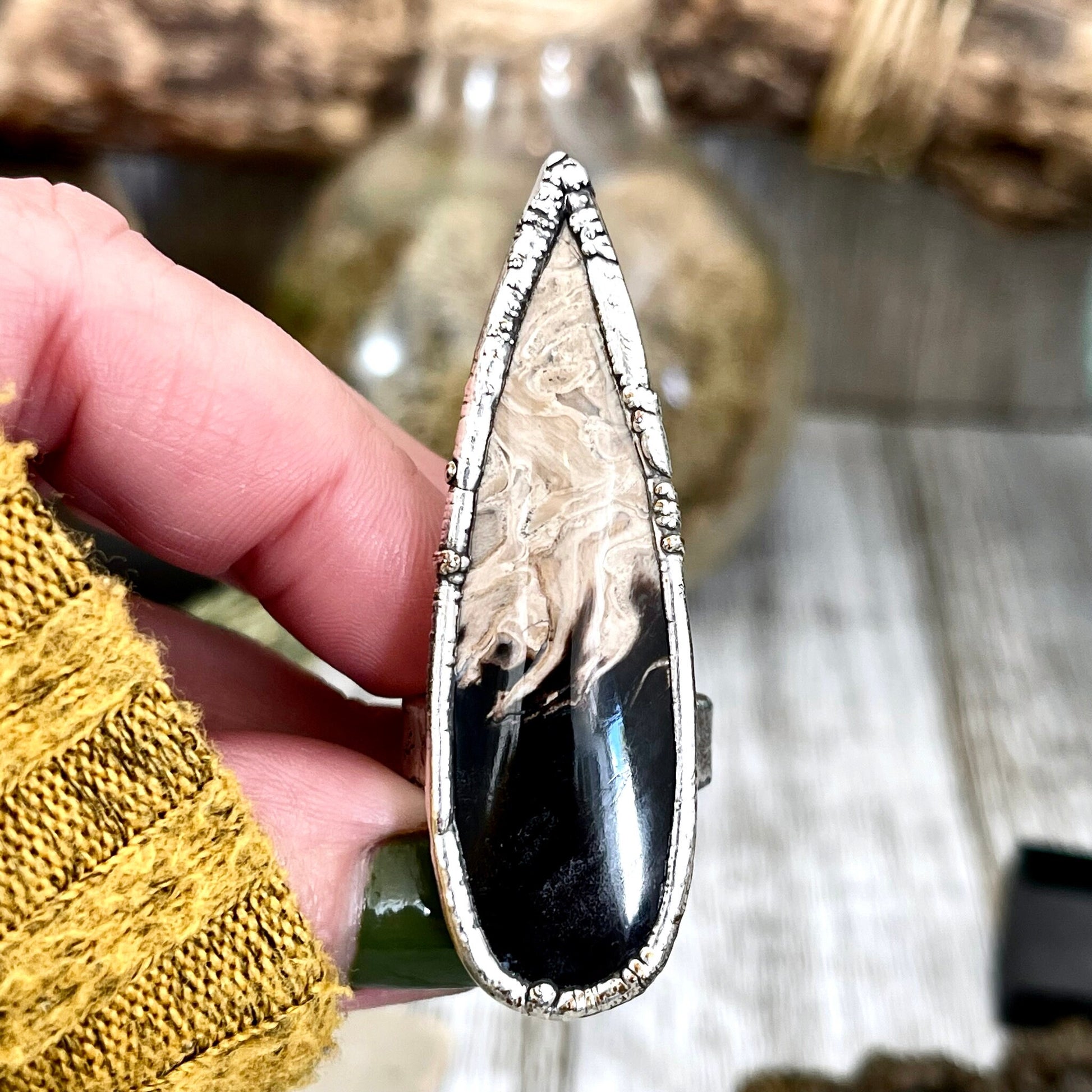 Unique Size 7 Large Fossilized Palm Root Statement Ring in Fine Silver / Foxlark Collection - One of a Kind - Foxlark Crystal Jewelry