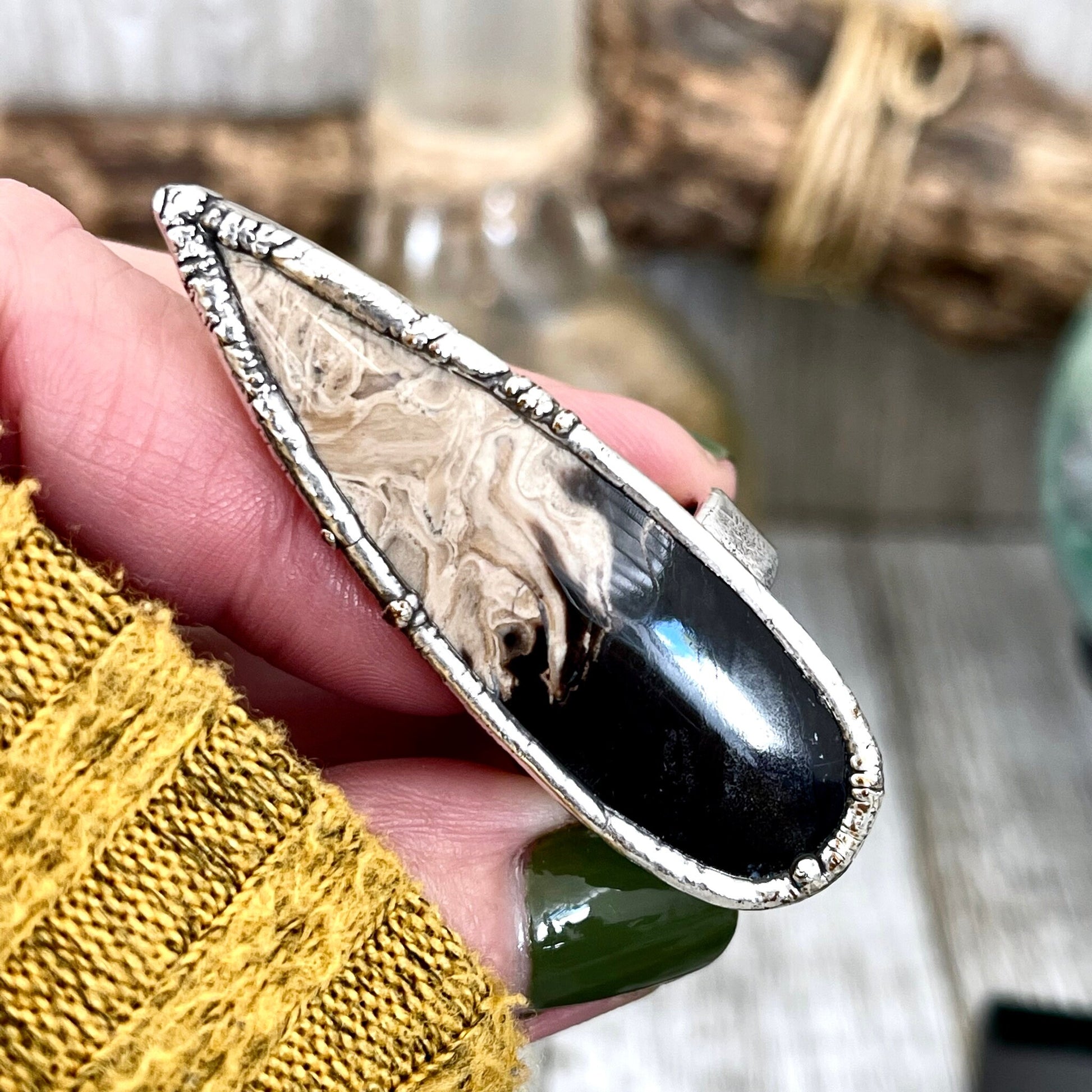 Unique Size 7 Large Fossilized Palm Root Statement Ring in Fine Silver / Foxlark Collection - One of a Kind - Foxlark Crystal Jewelry