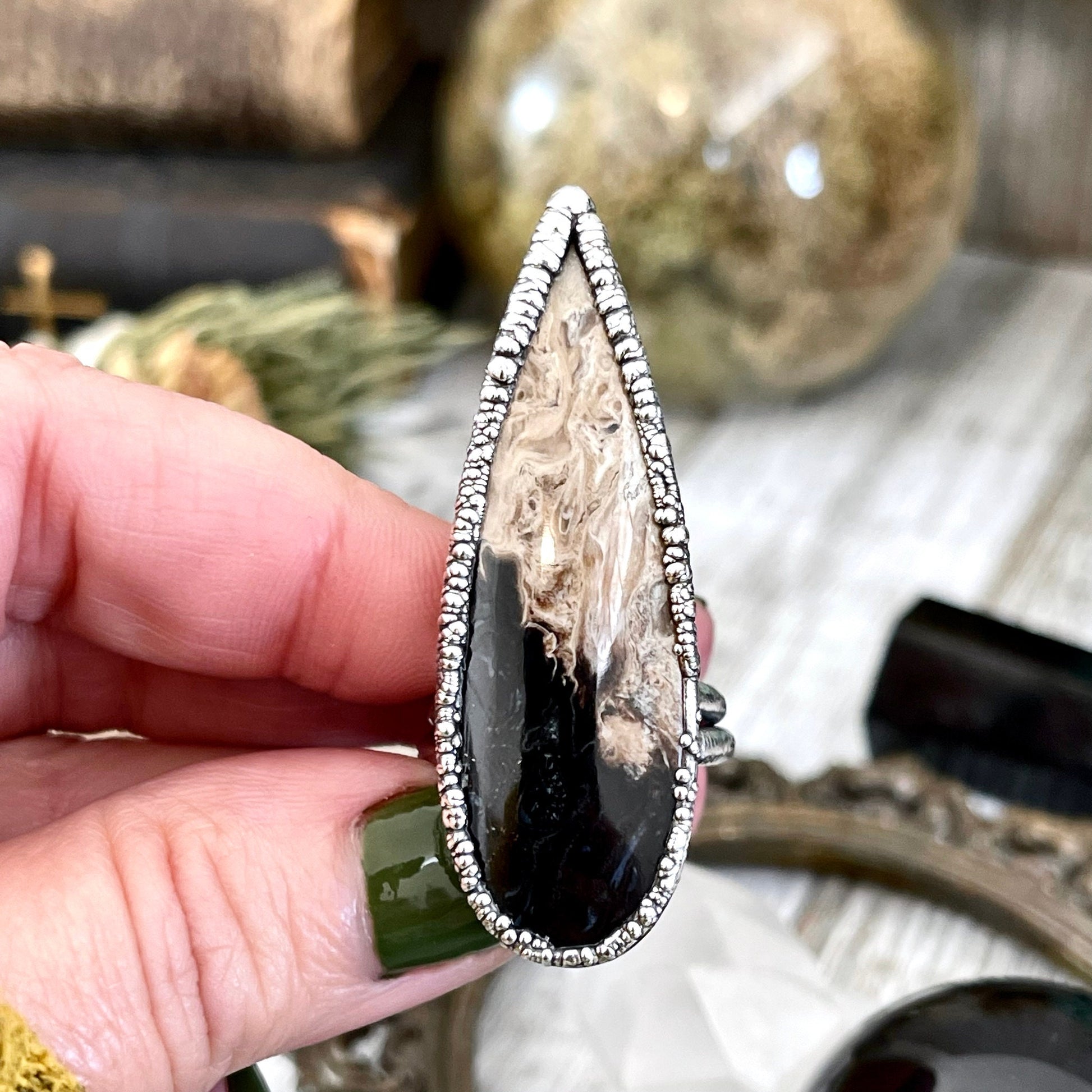 Big Bold Jewelry, Big Crystal Ring, Big Silver Ring, Big Stone Ring, Etsy ID: 1592184439, Fossilized Palm Root, FOXLARK- RINGS, Jewelry, Large Boho Ring, Large Crystal Ring, Large Stone Ring, Natural stone ring, Rings, silver crystal ring, Silver Stone Je