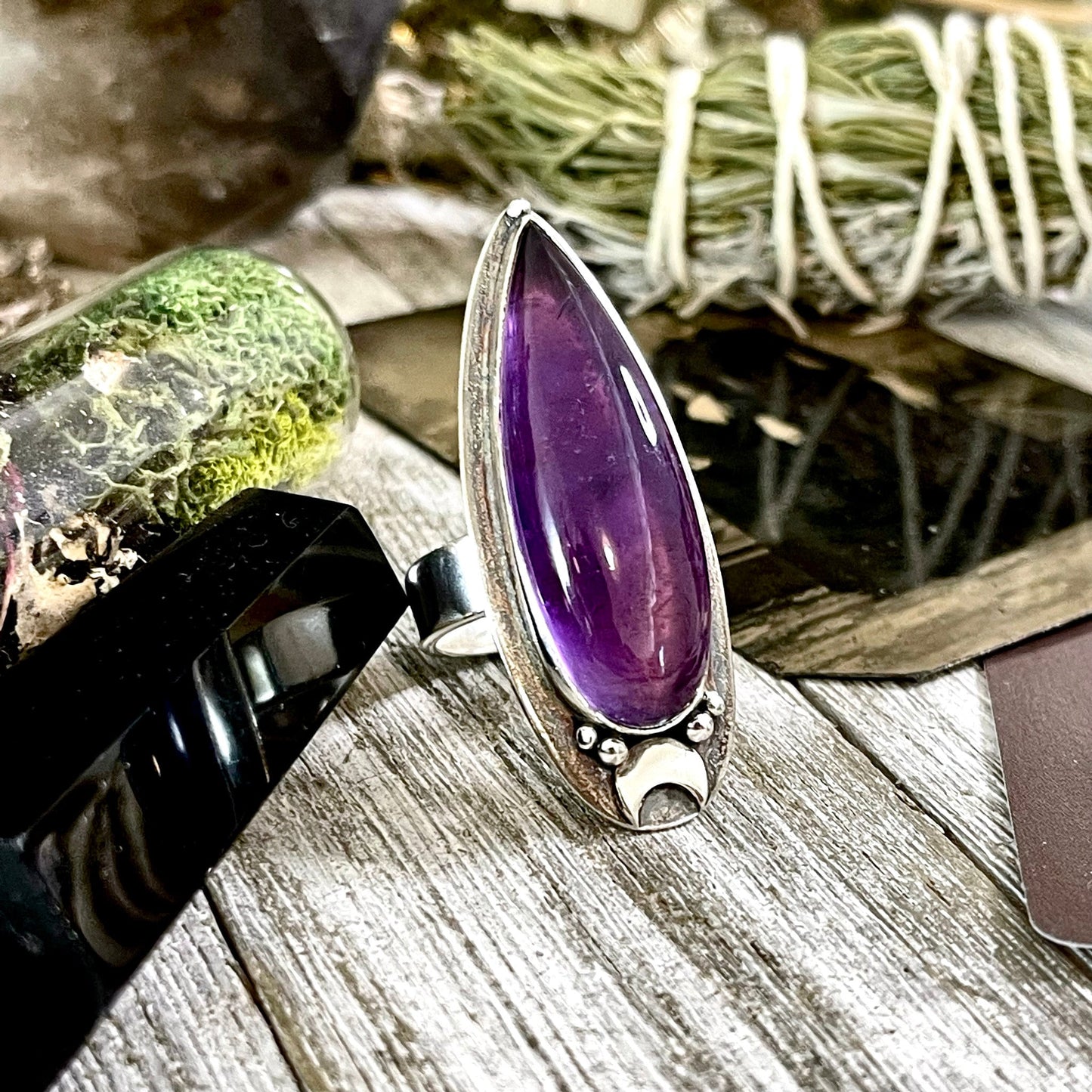 Magic Moons Amethyst Ring in Solid Sterling Silver- Designed by FOXLARK Collection Adjustable to Size 6 7 8 9 10 / Crystal Witchy Jewelry - Foxlark Crystal Jewelry