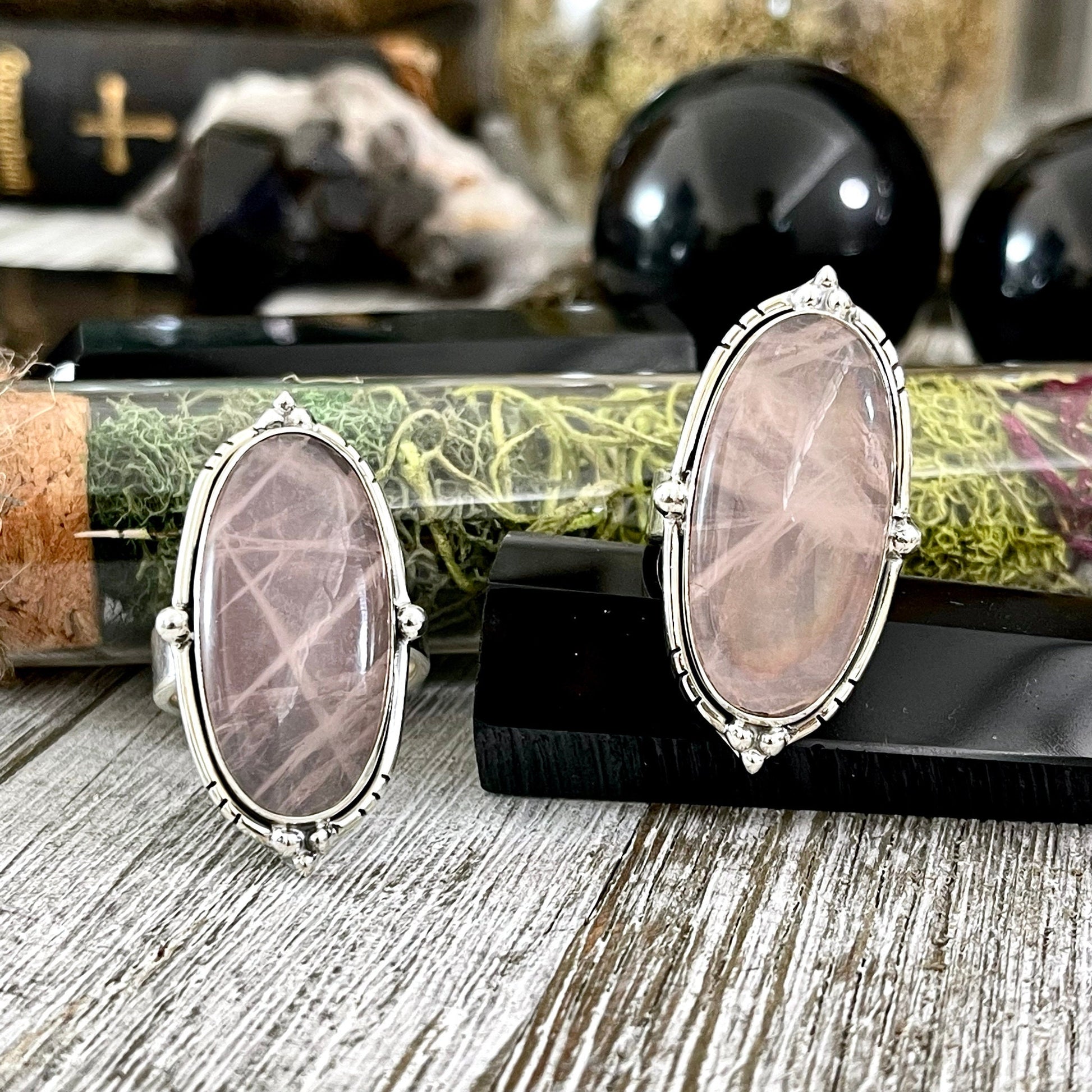 Rose Quartz Oval Crystal Statement Ring in Sterling Silver - Designed by FOXLARK Collection Adjustable to Size 6 7 8 9 | Pink Stone - Foxlark Crystal Jewelry