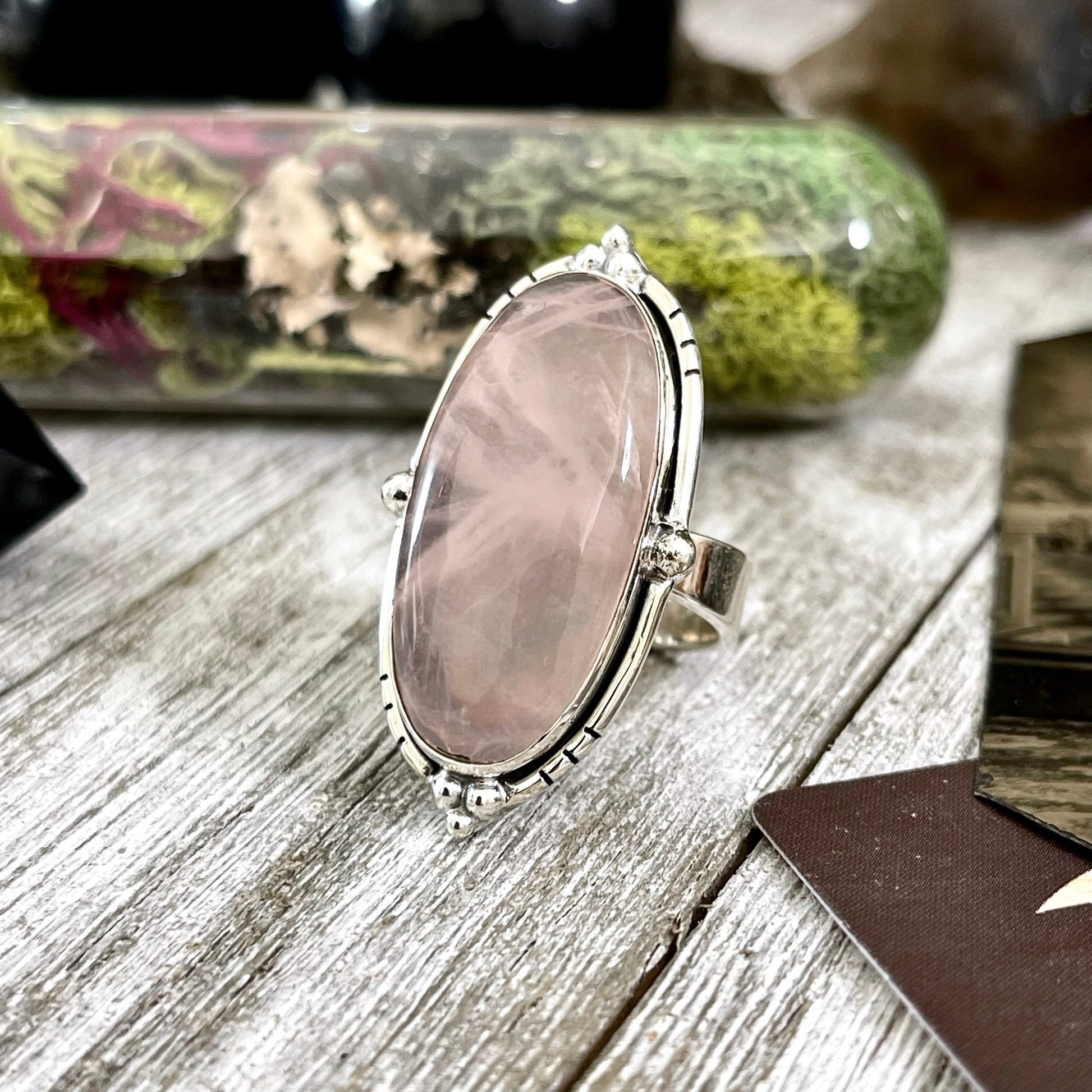 Rose Quartz Oval Crystal Statement Ring in Sterling Silver - Designed by FOXLARK Collection Adjustable to Size 6 7 8 9 | Pink Stone - Foxlark Crystal Jewelry
