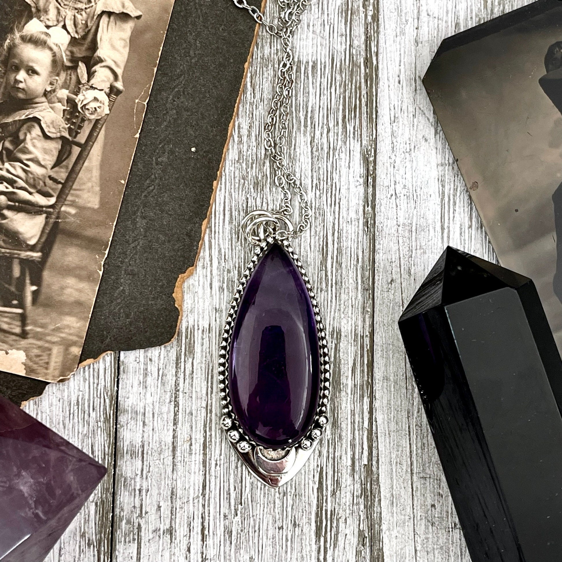Midnight Moon Necklace Amethyst Crystal Teardrop Necklace in Sterling Silver -Designed by FOXLARK Collection / Witchy Purple Crystal