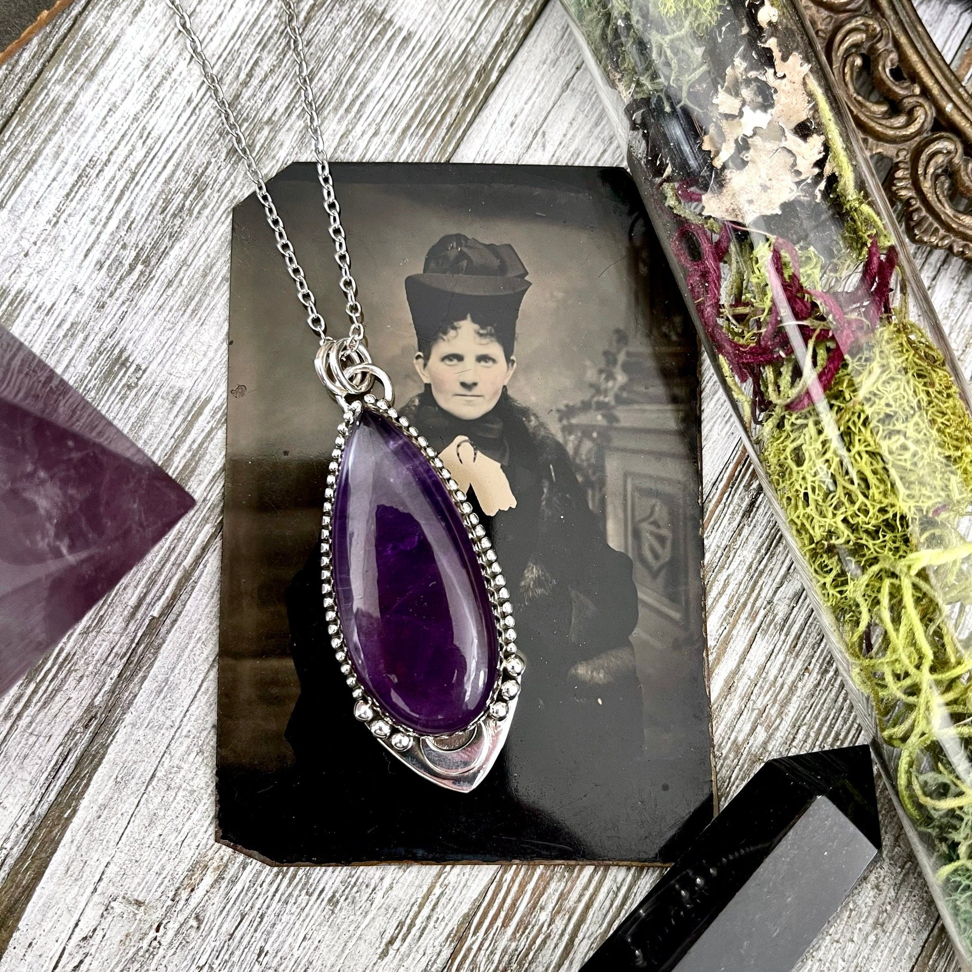 Midnight Moon Necklace Amethyst Crystal Teardrop Necklace in Sterling Silver -Designed by FOXLARK Collection / Witchy Purple Crystal - Foxlark Crystal Jewelry
