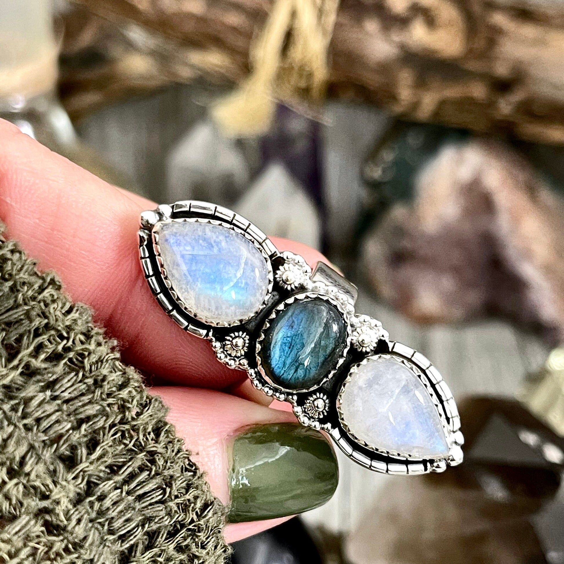 Three Stone Rainbow Moonstone and Labradorite Crystal Ring in