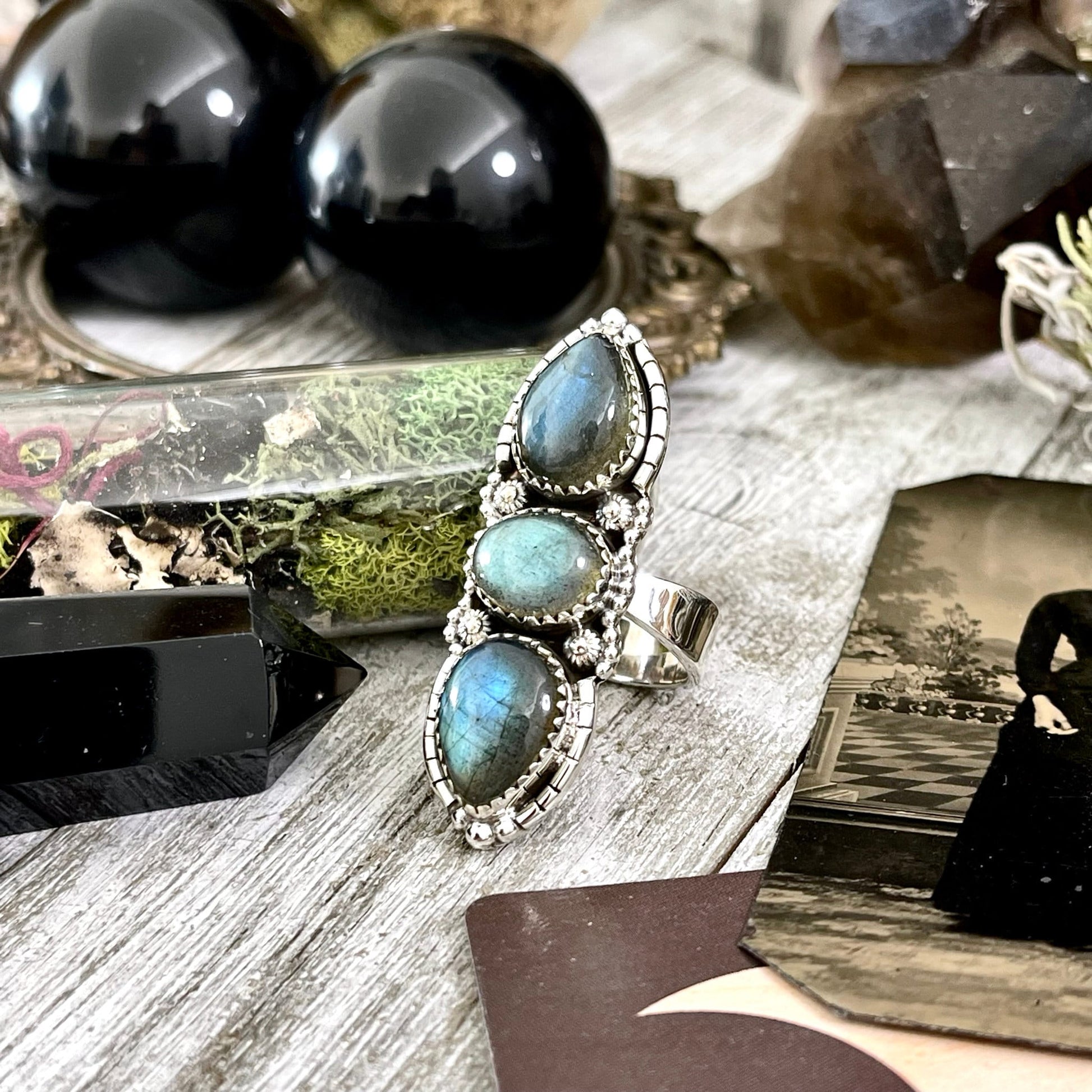 Three Stone Labradorite Ring in Sterling Silver /Designed by FOXLARK Collection Adjustable to Size 6 7 8 9 - Foxlark Crystal Jewelry