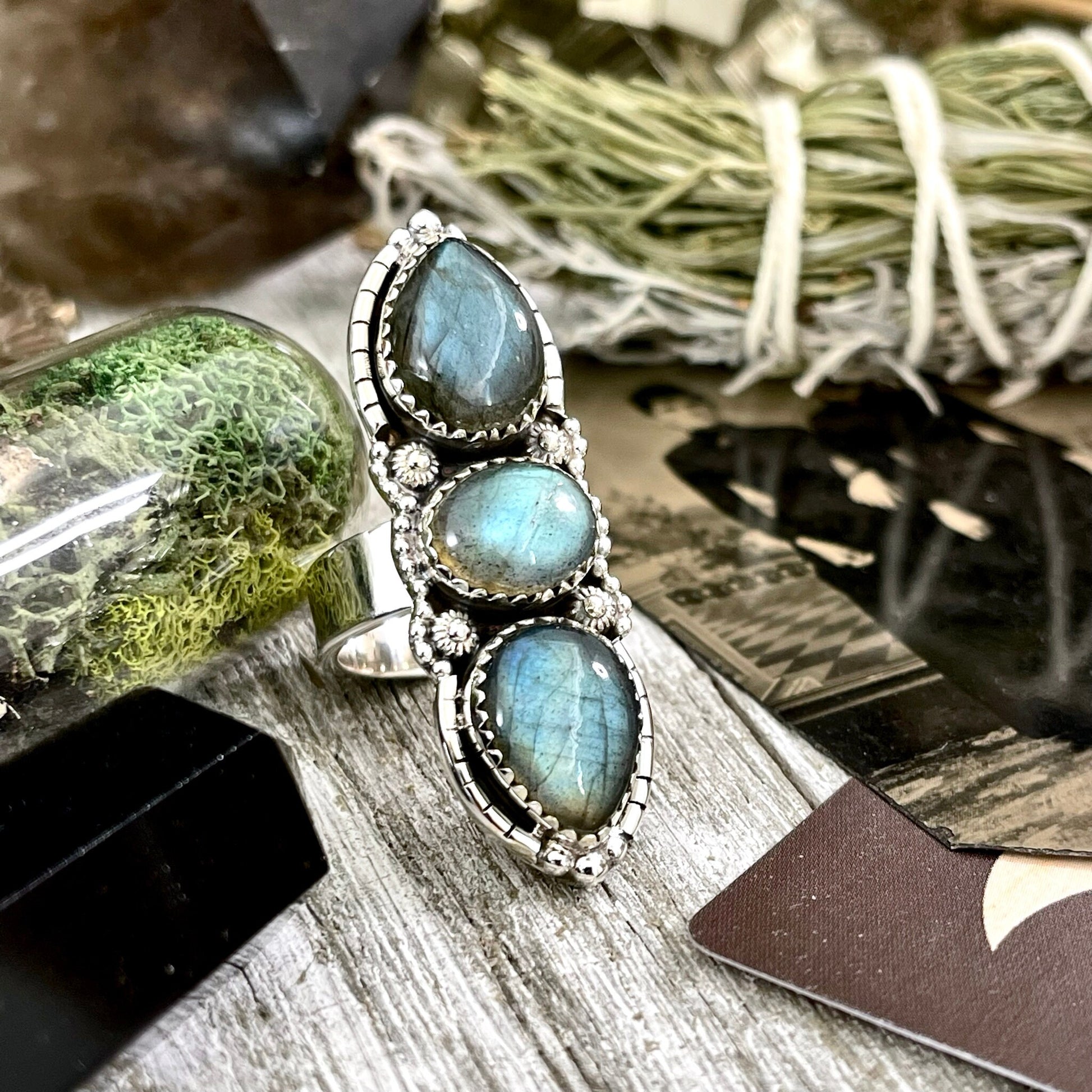 Three Stone Labradorite Ring in Sterling Silver /Designed by FOXLARK Collection Adjustable to Size 6 7 8 9 - Foxlark Crystal Jewelry