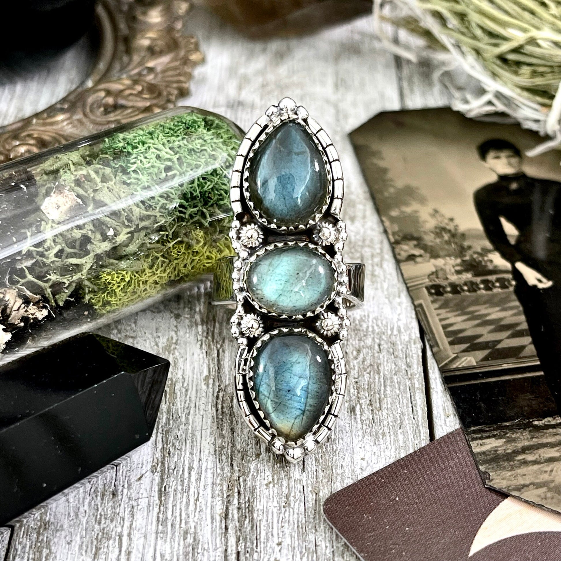 Three Stone Labradorite Ring in Sterling Silver /Designed by FOXLARK Collection Adjustable to Size 6 7 8 9 - Foxlark Crystal Jewelry