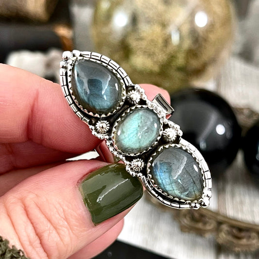 Three Stone Labradorite Ring in Sterling Silver /Designed by FOXLARK Collection Adjustable to Size 6 7 8 9 - Foxlark Crystal Jewelry