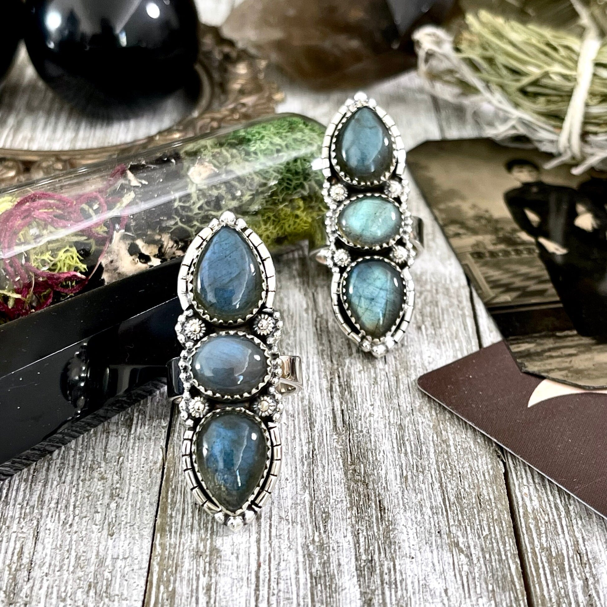 Three Stone Labradorite Ring in Sterling Silver /Designed by FOXLARK Collection Adjustable to Size 6 7 8 9 - Foxlark Crystal Jewelry