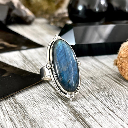 Labradorite Oval Crystal Statement Ring in Sterling Silver - Designed by FOXLARK Collection Adjustable to Size 6 7 8 9 | Blue Stone.