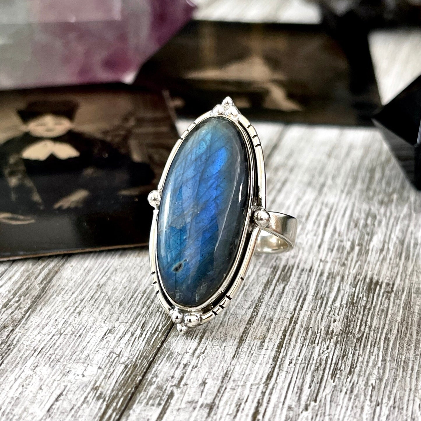 Labradorite Oval Crystal Statement Ring in Sterling Silver - Designed by FOXLARK Collection Adjustable to Size 6 7 8 9 | Blue Stone.