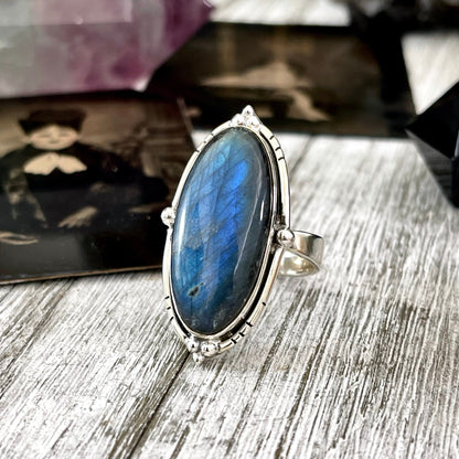 Labradorite Oval Crystal Statement Ring in Sterling Silver - Designed by FOXLARK Collection Adjustable to Size 6 7 8 9 | Blue Stone.