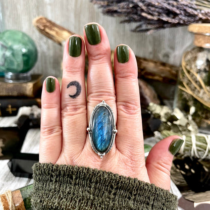 Labradorite Oval Crystal Statement Ring in Sterling Silver - Designed by FOXLARK Collection Adjustable to Size 6 7 8 9 | Blue Stone.