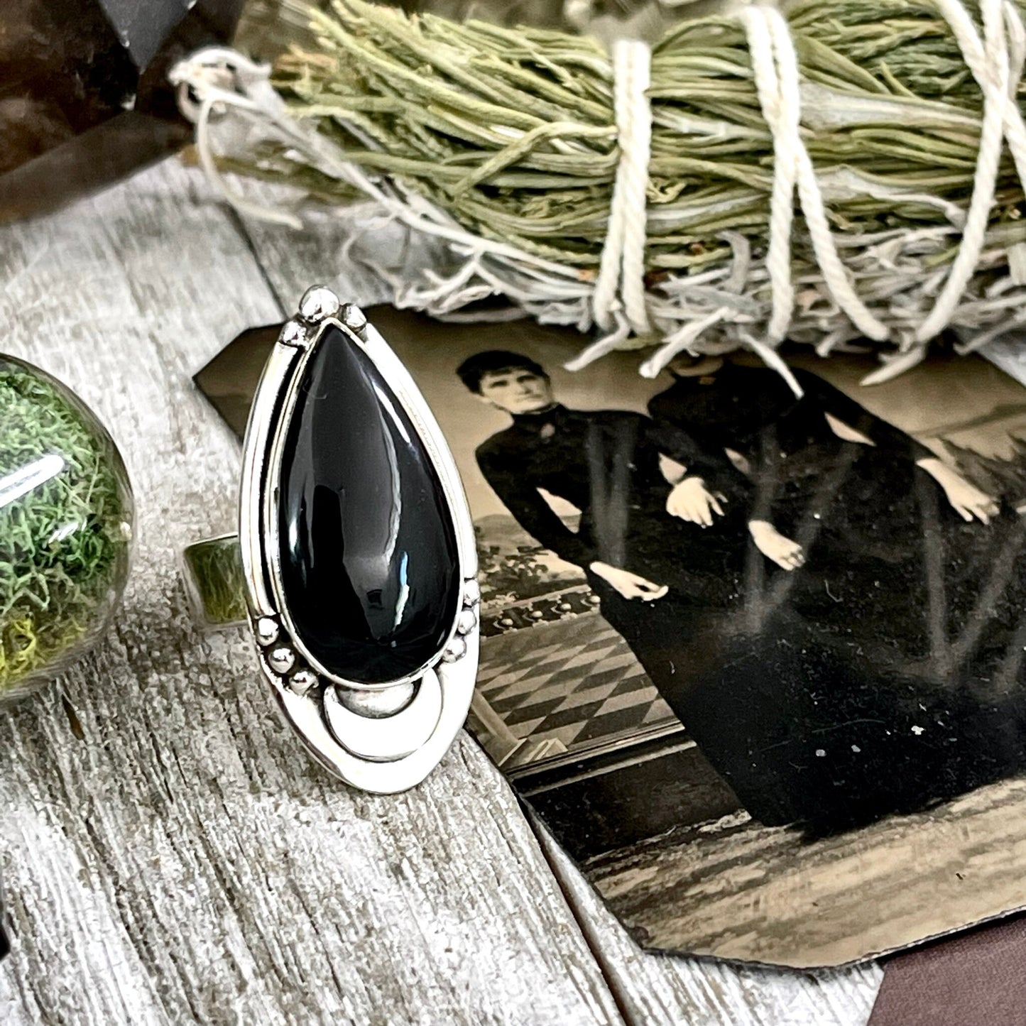 Midnight Moon Black Obsidian Teardrop Crystal Ring in Sterling Silver- Designed by FOXLARK Collection Adjustable to Size 6 7 8 9