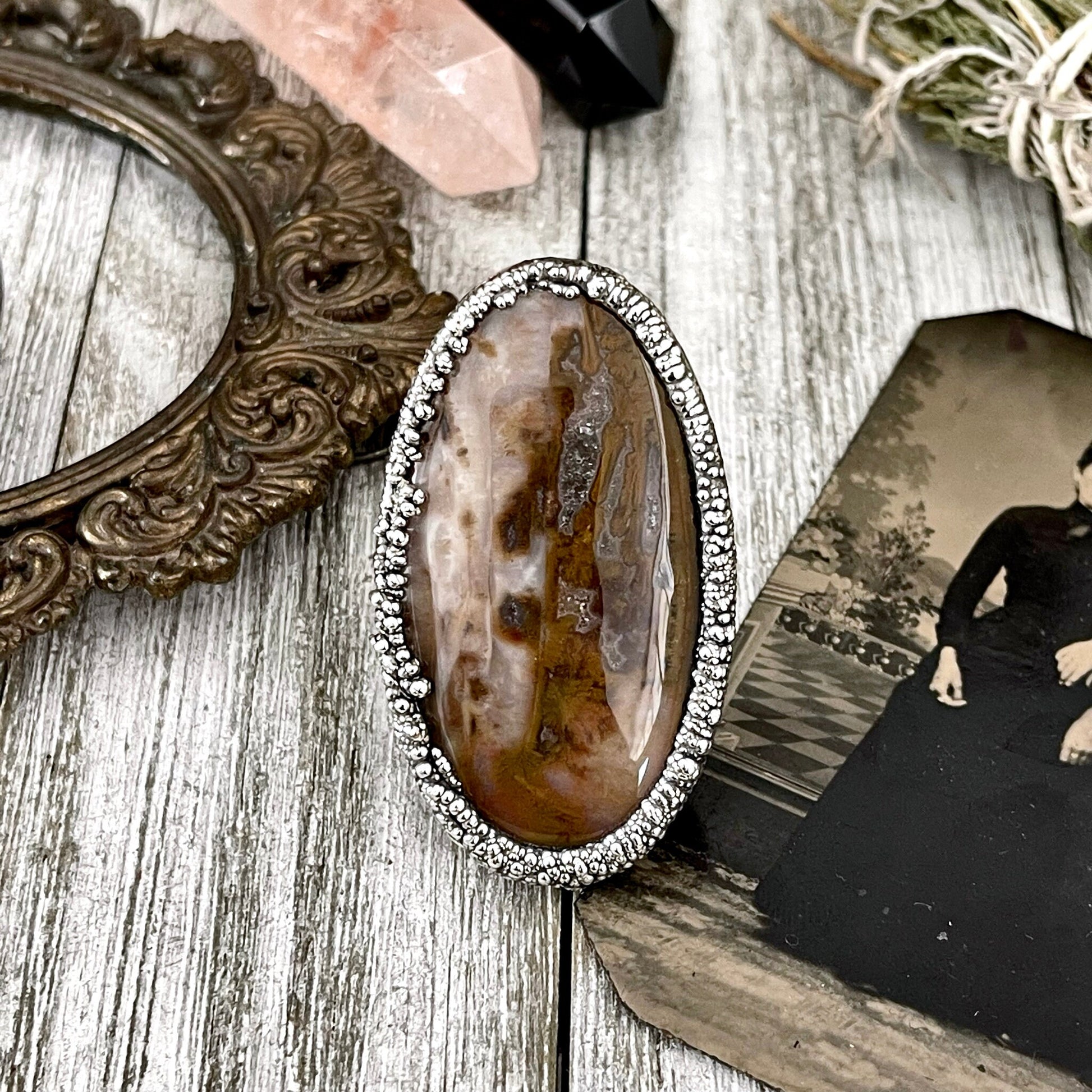 Size 9 Silver Natural Fancy Moss Agate Crystal Statement Ring / Foxlark Collection - One of a Kind - Foxlark Crystal Jewelry