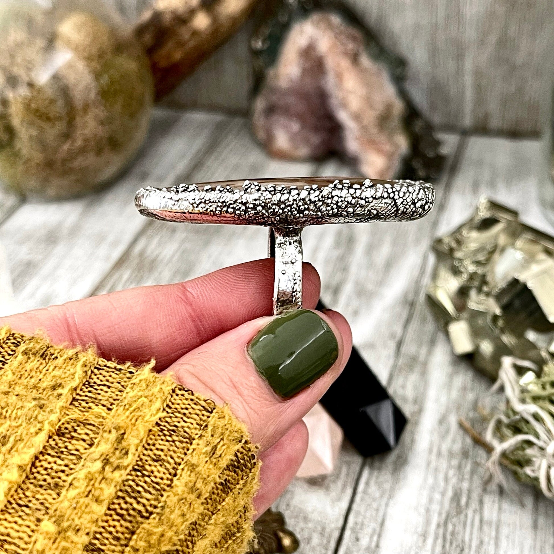 Size 9 Silver Natural Fancy Moss Agate Crystal Statement Ring / Foxlark Collection - One of a Kind - Foxlark Crystal Jewelry