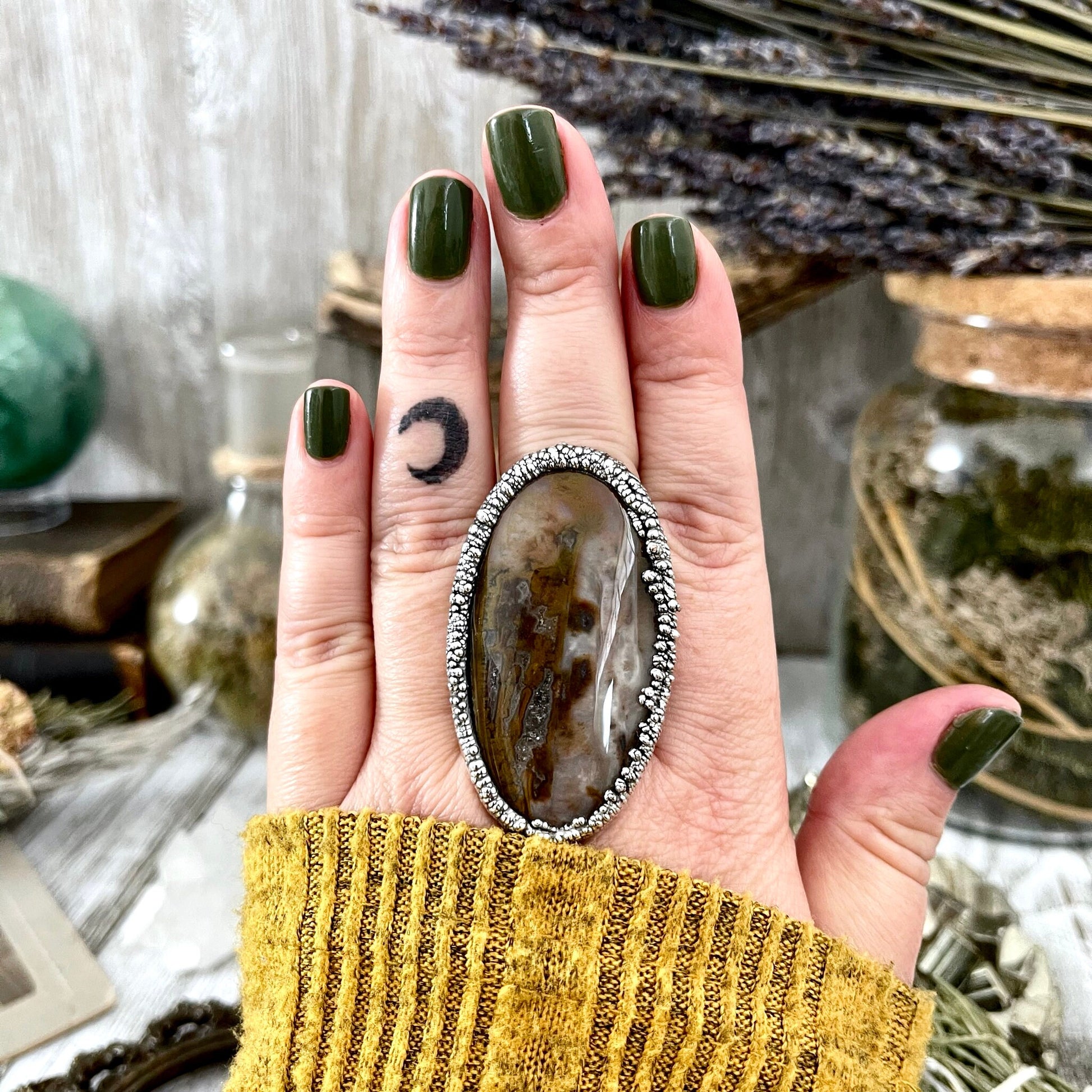 Size 9 Silver Natural Fancy Moss Agate Crystal Statement Ring / Foxlark Collection - One of a Kind - Foxlark Crystal Jewelry