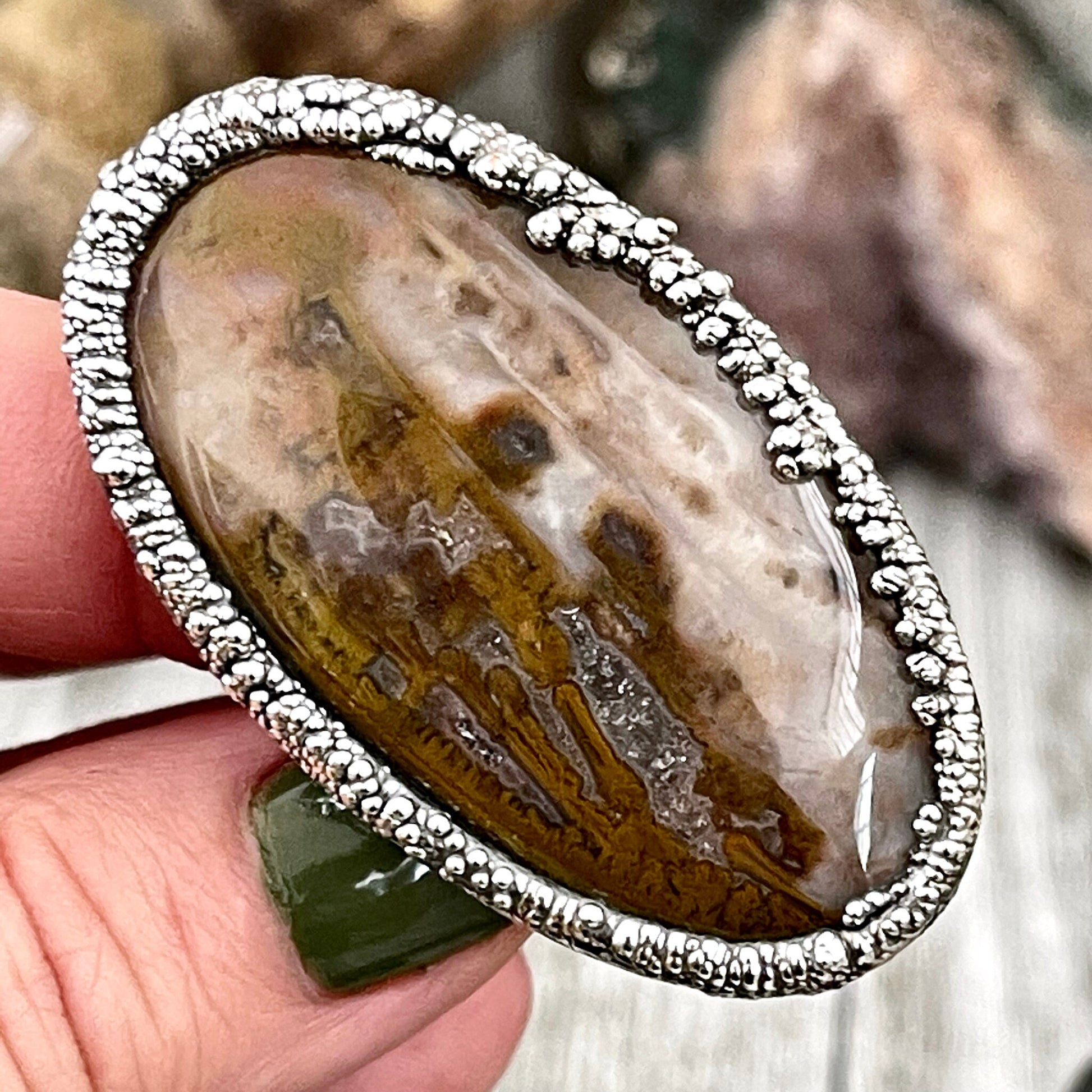 Size 9 Silver Natural Fancy Moss Agate Crystal Statement Ring / Foxlark Collection - One of a Kind - Foxlark Crystal Jewelry