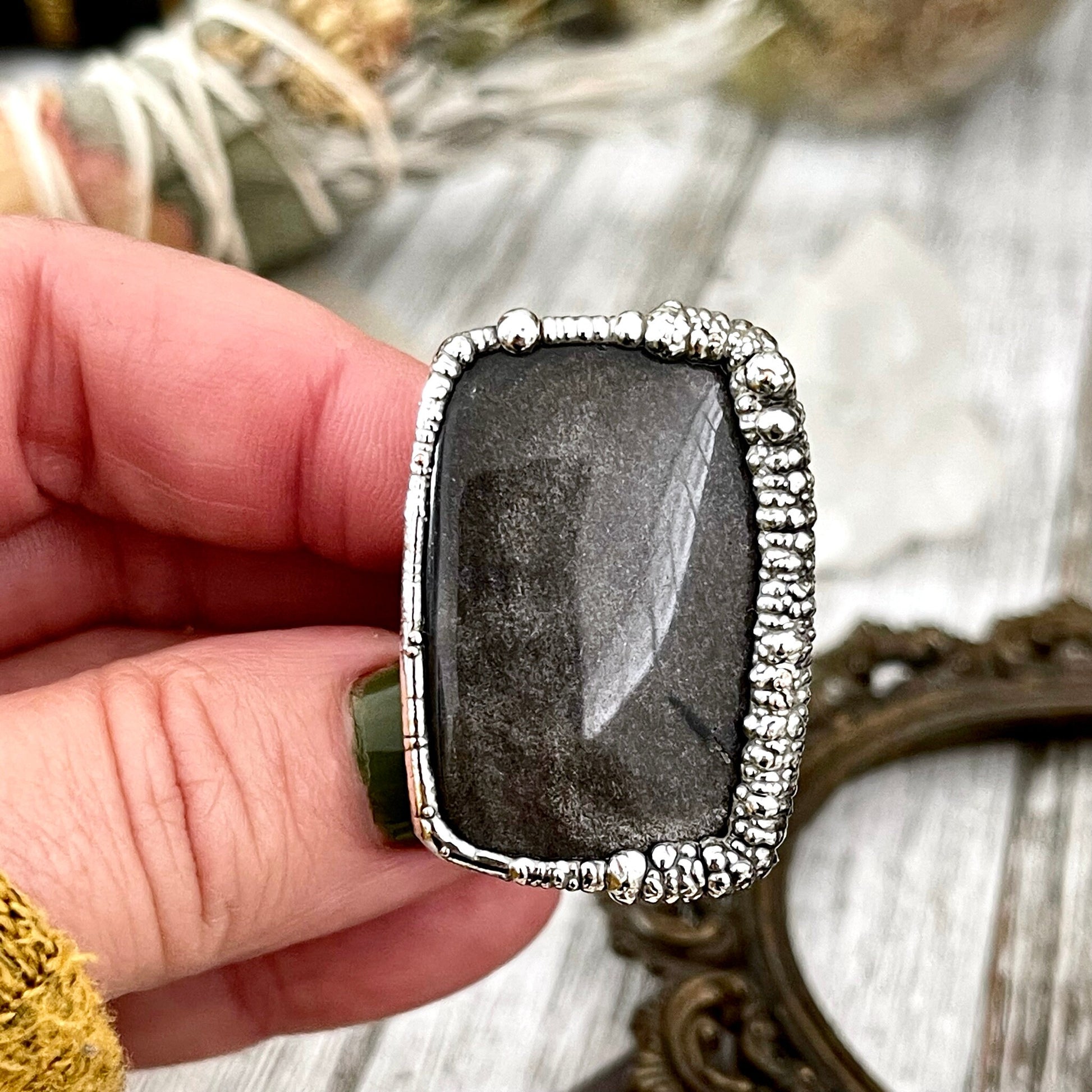 Size 8 Silver Sheen Obsidian Statement Ring in fine Silver / Foxlark Collection - One of a Kind - Foxlark Crystal Jewelry